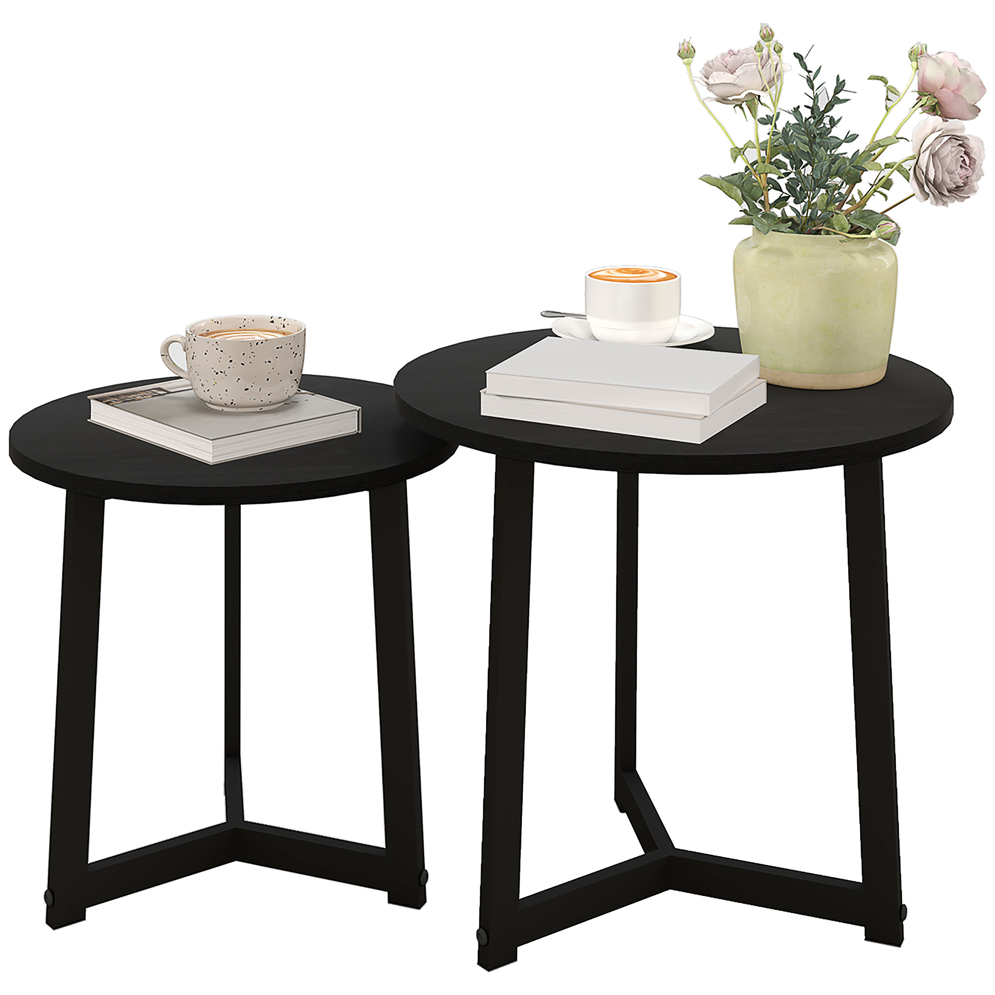 HOMCOM Moderner Couchtisch als 2er-Set, Metallrahmen, MDF, Rundes Design, ineinander verschiebbar, Schwarz
