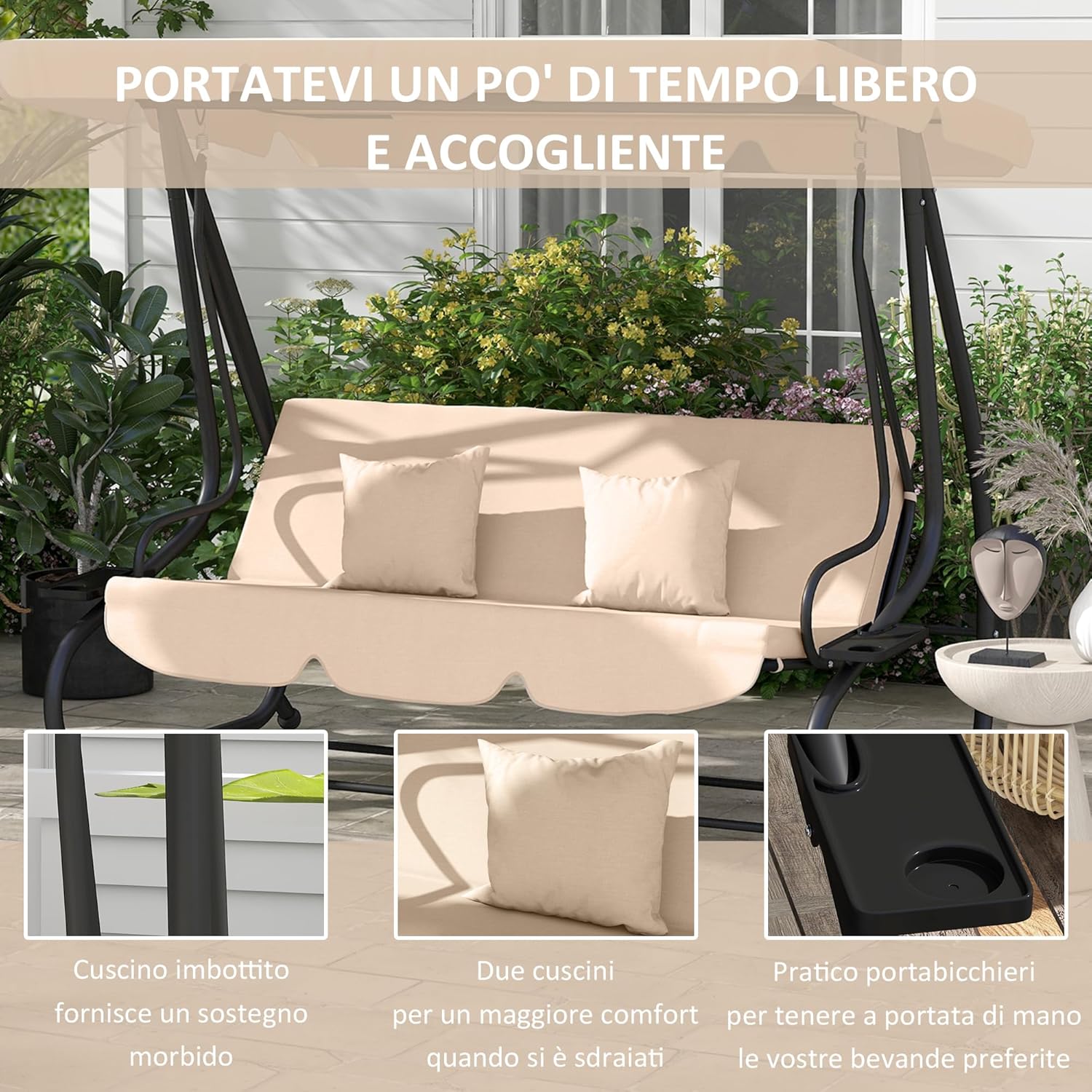 3 Seater Garden Swing Bed with Adjustable Roof and Tray 200 x 120 x 164 cm Light Brown