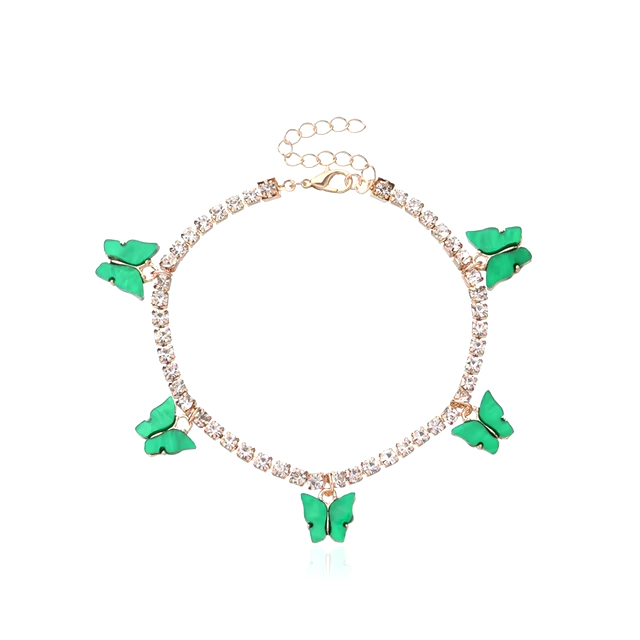 Green Butterfly Anklet Sterling Silver Shiny Rhinestone Crytal Foot Chain