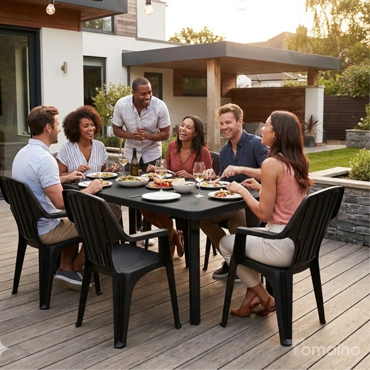 Tomaino - Table and 6 Plastic Garden Chairs Set - with Extendable Extension, with Armrests, Stackable, for Outdoor, Terrace - Norden Dining Set (Black)