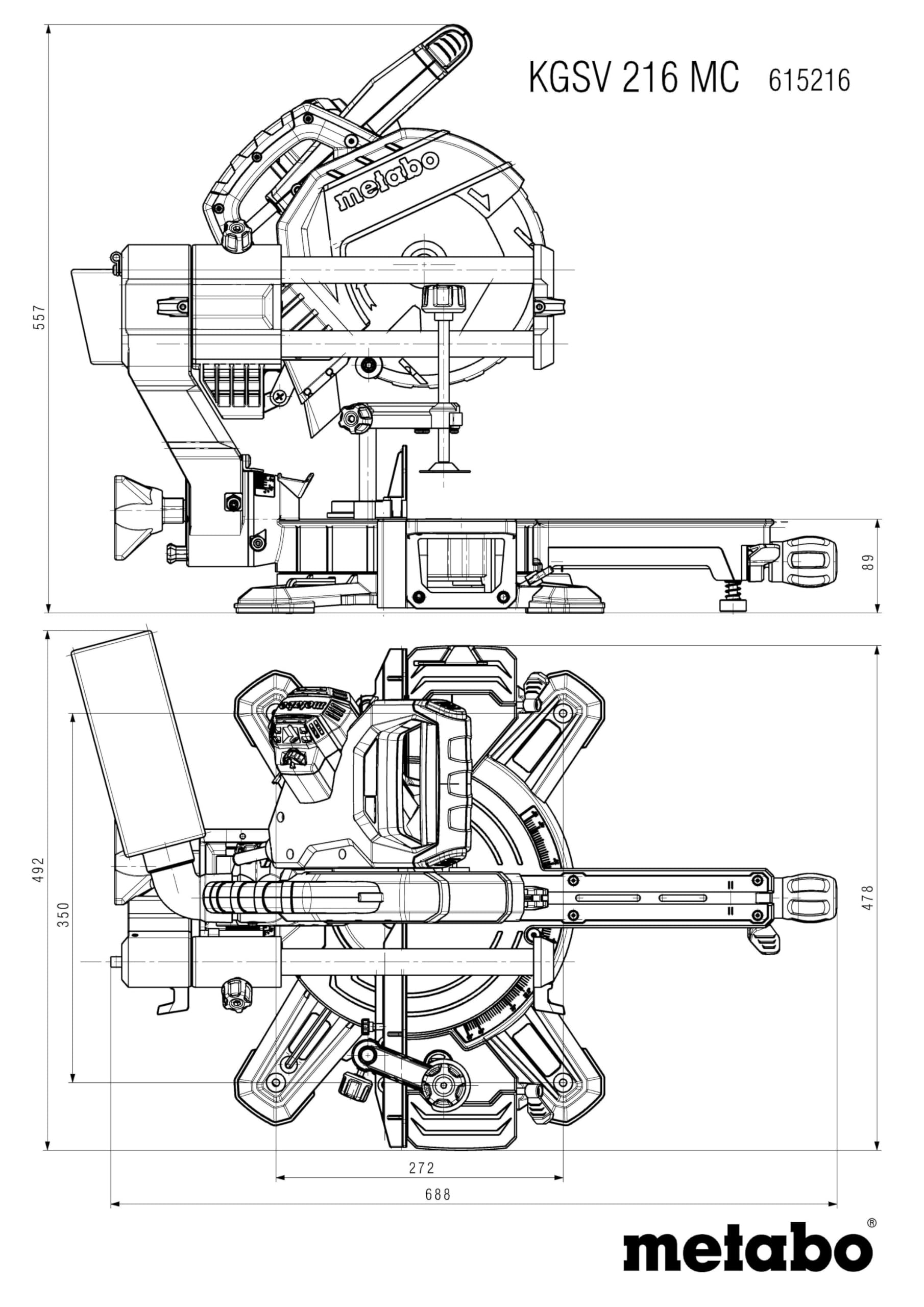 Kappsäge mit Zugfunktion KGSV 216 MC, 216 mm Hartmetall-Sägeblatt, 1200 W, inkl. Tischverbreiterungen und Materialklemme