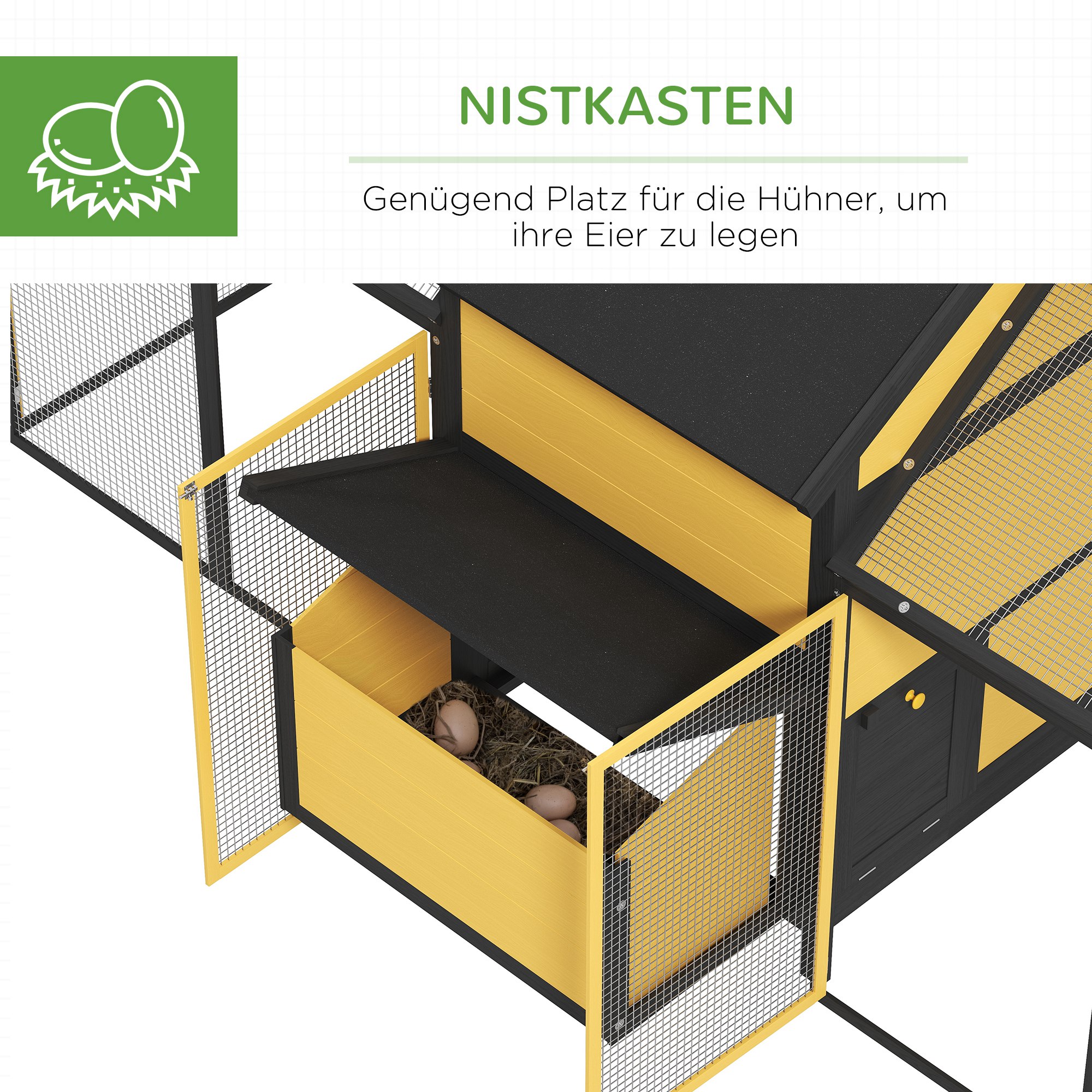 Kippenhok Kleindierenhok 2 Buitenrennen, 1 Legnest, 2 Hellingen, Asfaltdak, Weerbestendig, Geel