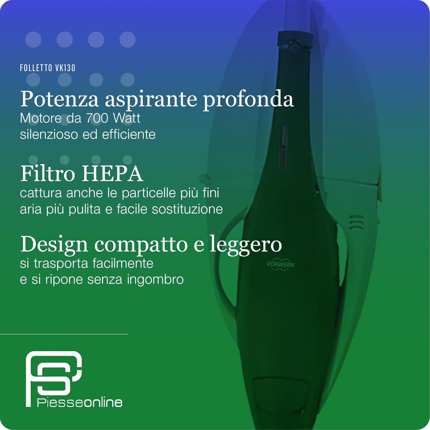 Aspirapolvere Folletto VK130 -REVISIONATA- + Spazzola HD CON RUOTE, Ideale Per Tutti i Pavimenti, Cavo Estraibile 7m, 3 Velocità, Filtro HEPA, Pronta all’Uso + 2 ANNI SACCHETTI + KIT TUBI