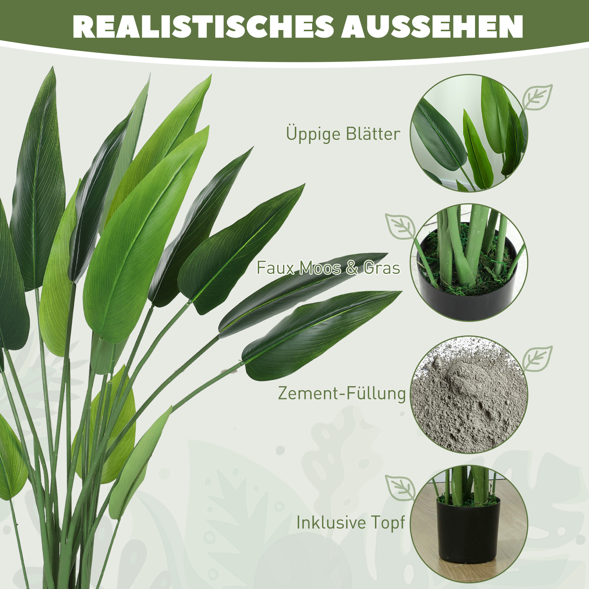Kunstplant in Cementpot, 18 Bladeren, Plastic, Groen