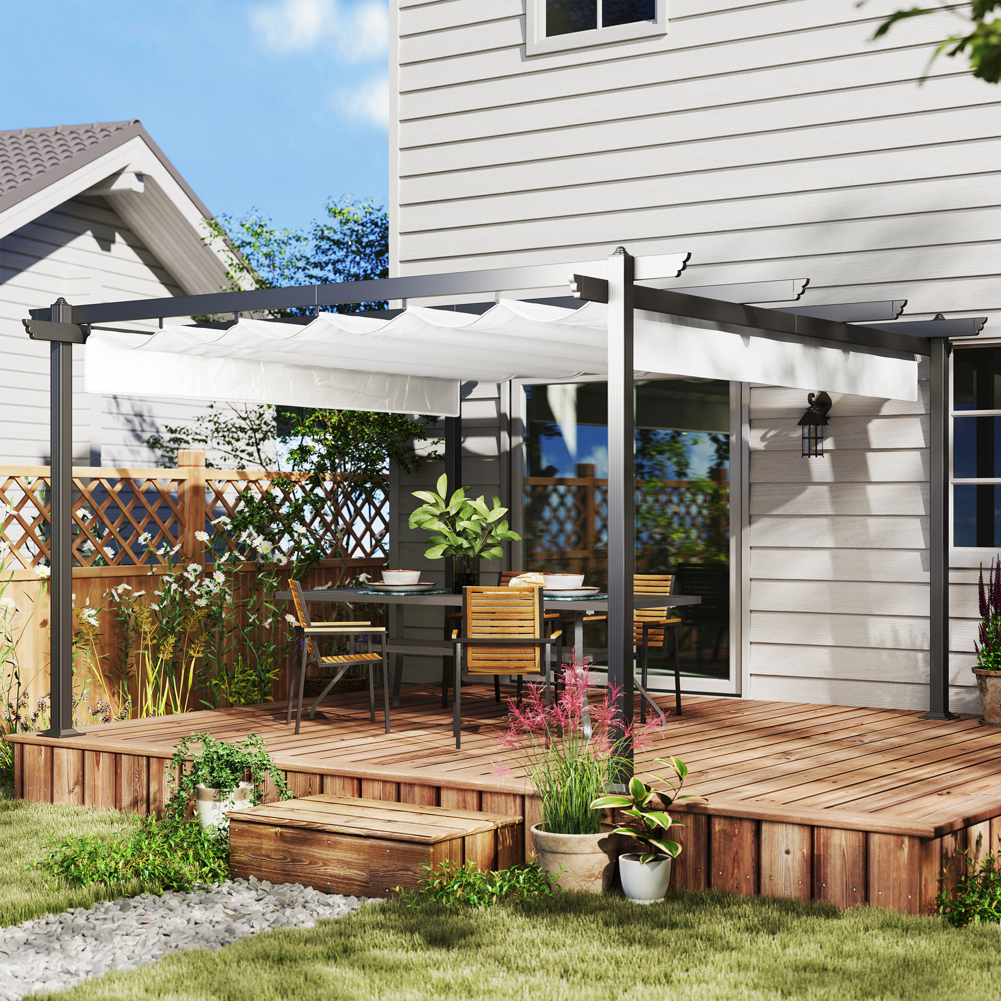 Outsunny Gazebo Pergola 4x4 m mit ausziehbarem Dach, 8 Schrauben und 8 Heringen aus Aluminium, Polyester und Metall, Weiß