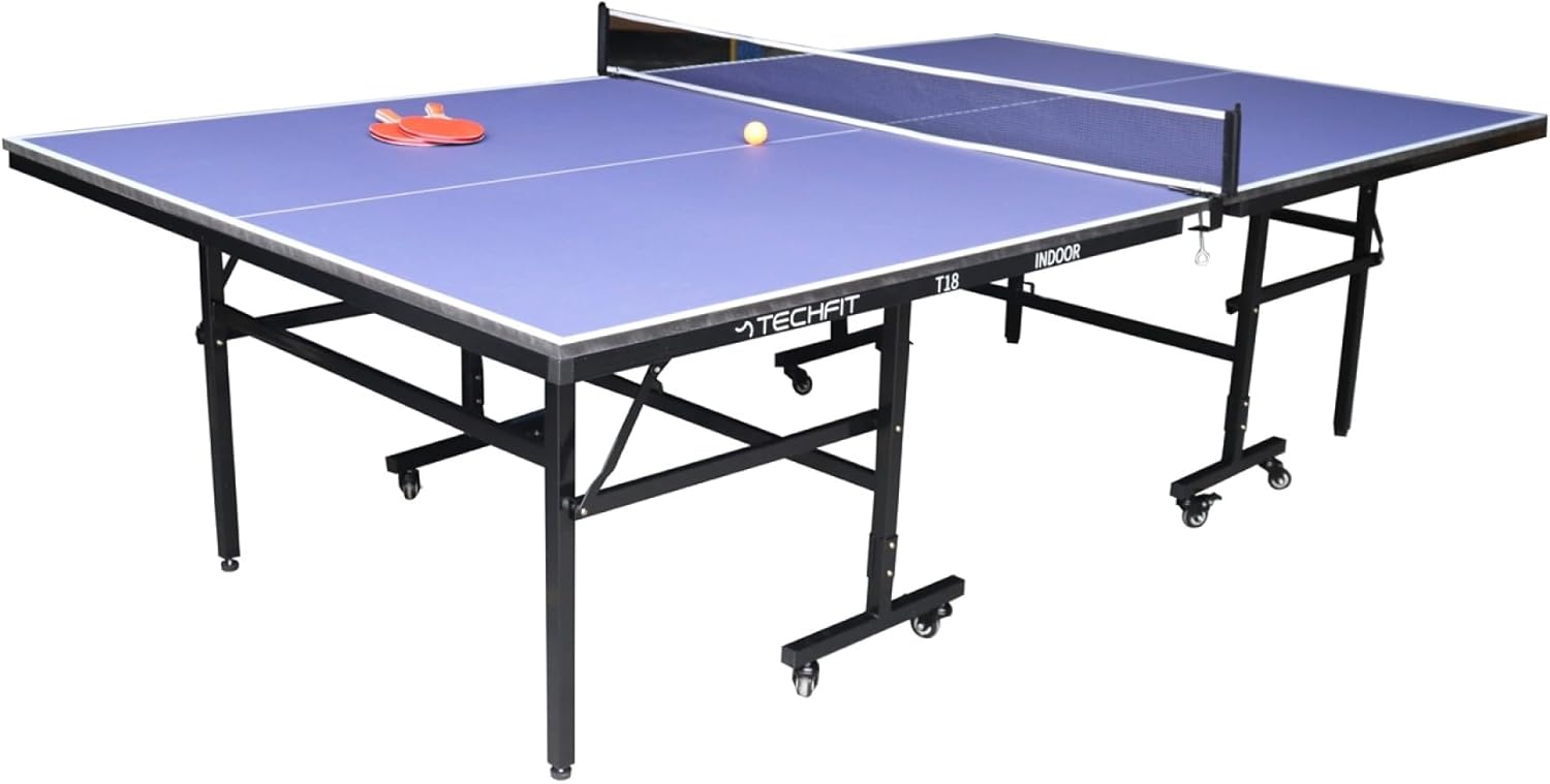 TechFit Tavolo da Ping Pong Professionale per Interni - Pieghevole da Interno con Inclinazione Unilaterale, Struttura Metallica Nera, Rete da 180 cm, Roti Silconate con Freni, 274x152,5x76 cm