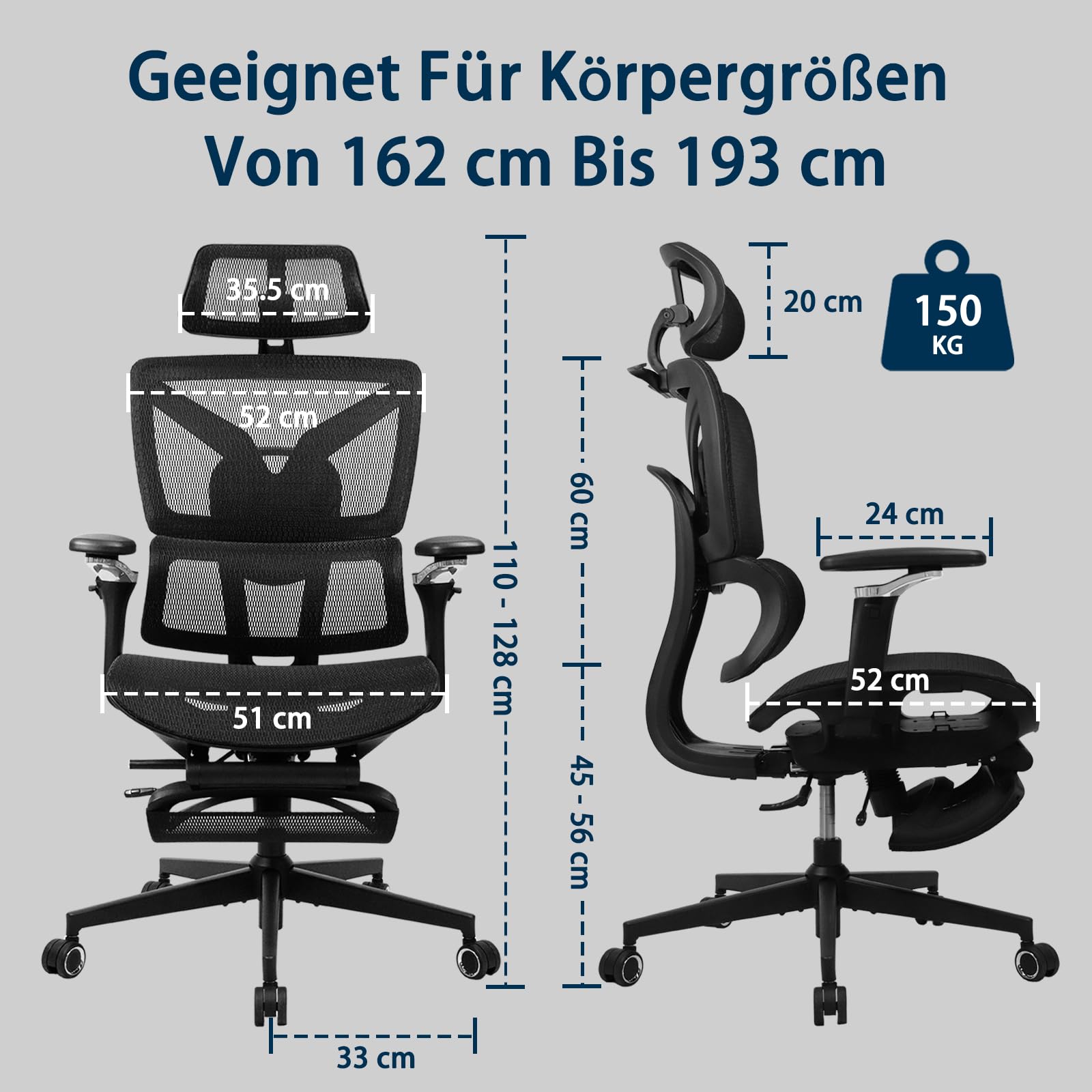 Ergonomischer Bürostuhl für große und schwere Personen mit Fußstütze, 5D-Armlehnen, Lendenstütze und Netz-Rückenlehne in Schwarz
