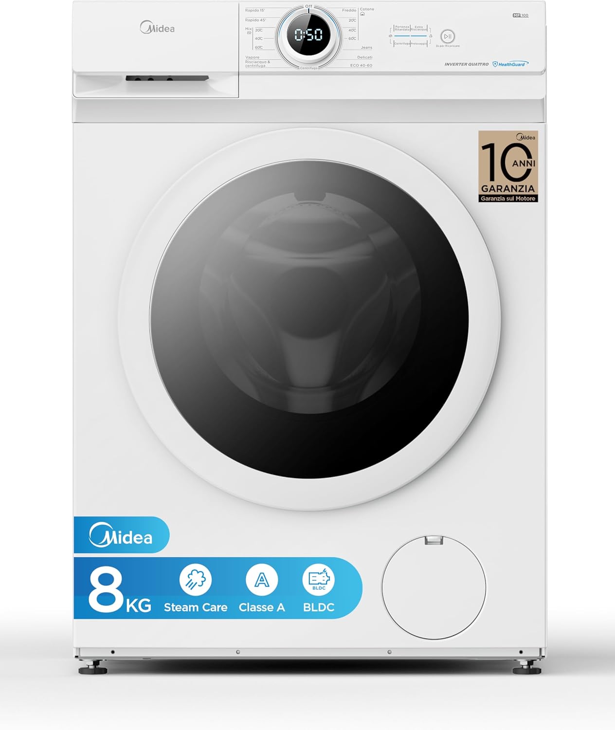 Midea MF10EW80B Lavatrice Slim Carica Frontale, 8 kg,1400 Giri, Classe A, Vapore, Motore BLDC, Programma Rapido, Varie Temperature 'Acqua, White