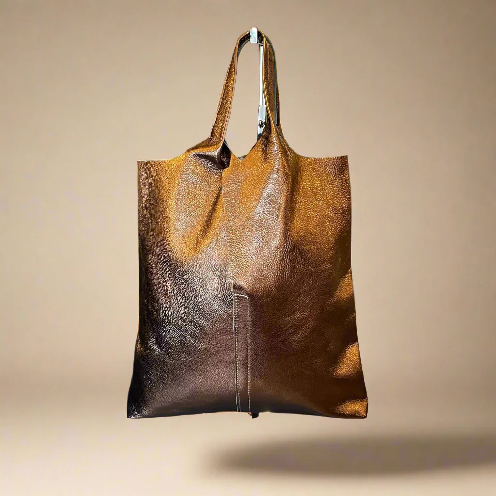 Metallic Leather Tote Bag with Attached Pouch - Copper