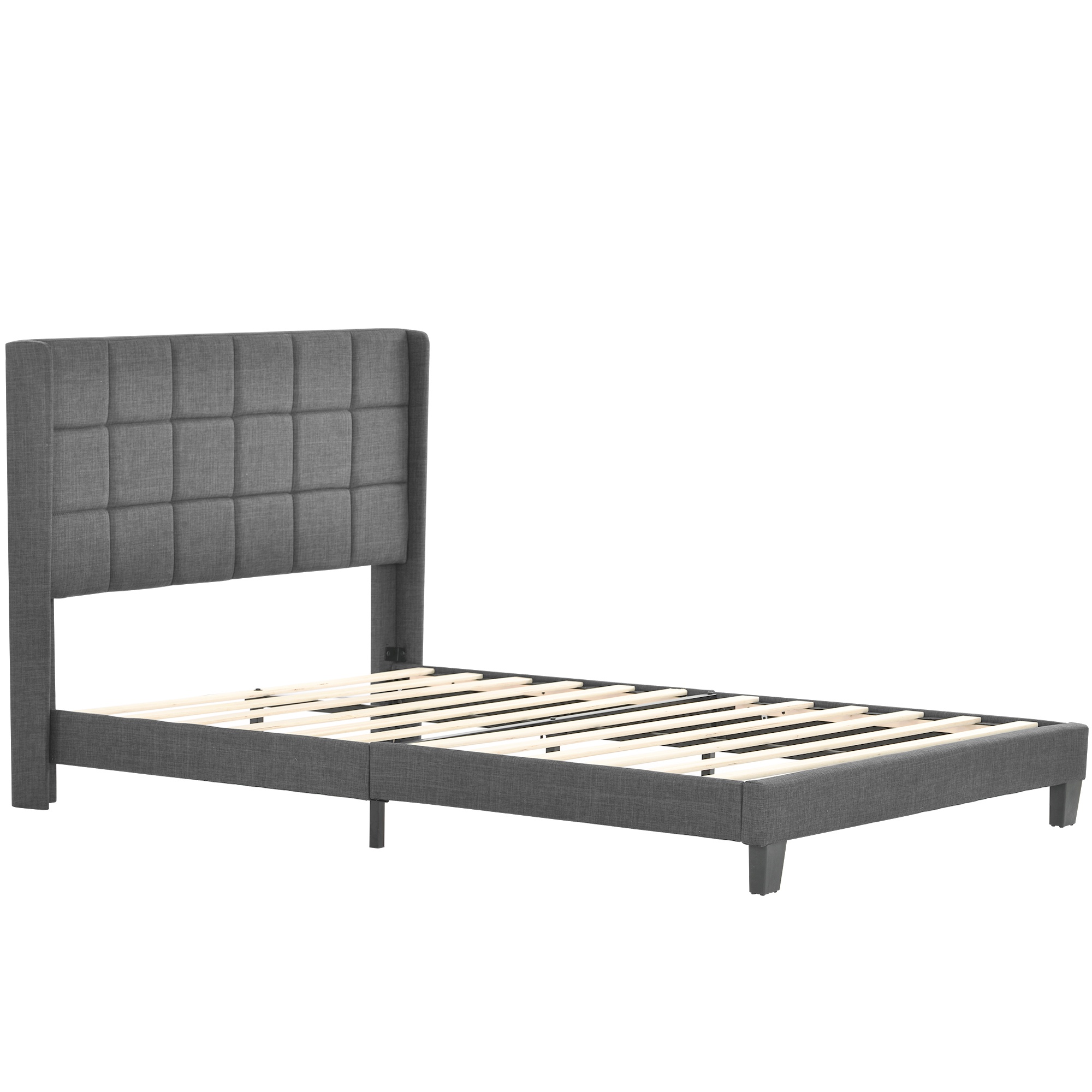 Doppelbett mit gepolstertem Kopfteil und Lattenrost, Bezug in Leinenoptik, ohne Matratze, 140x200 cm, Grau