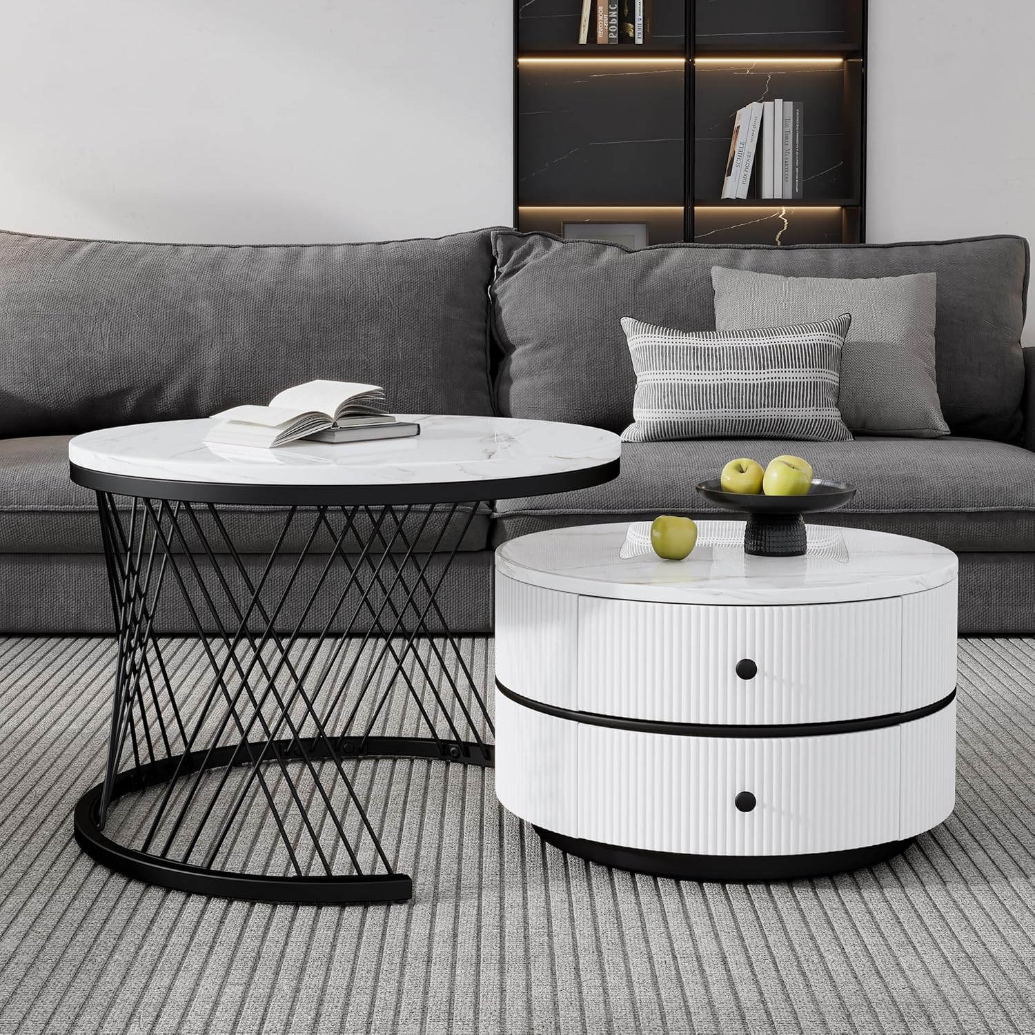 Elegante set di 2 tavolini a forma di nido, 60 x 60 x 46 cm e 50 x 50 x 31 cm, tavoli rotondi con effetto marmo lucido, 2 cassetti (bianco nero)