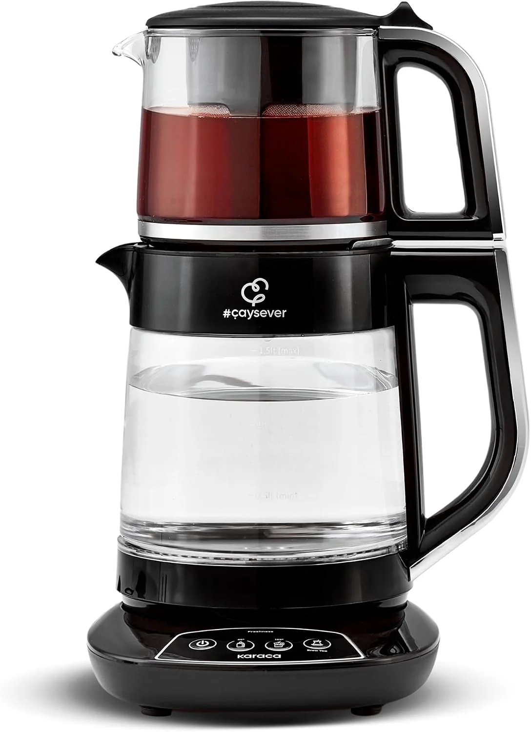 Karaca Caysever Maschine, Chrome 1700 W, Stahl, BPA-frei, 0,8 Lt Fassungsvermögen Glas-Teekanne, 1,5 Lt Fassungsvermögen Wassertank, Wasserzubereitung