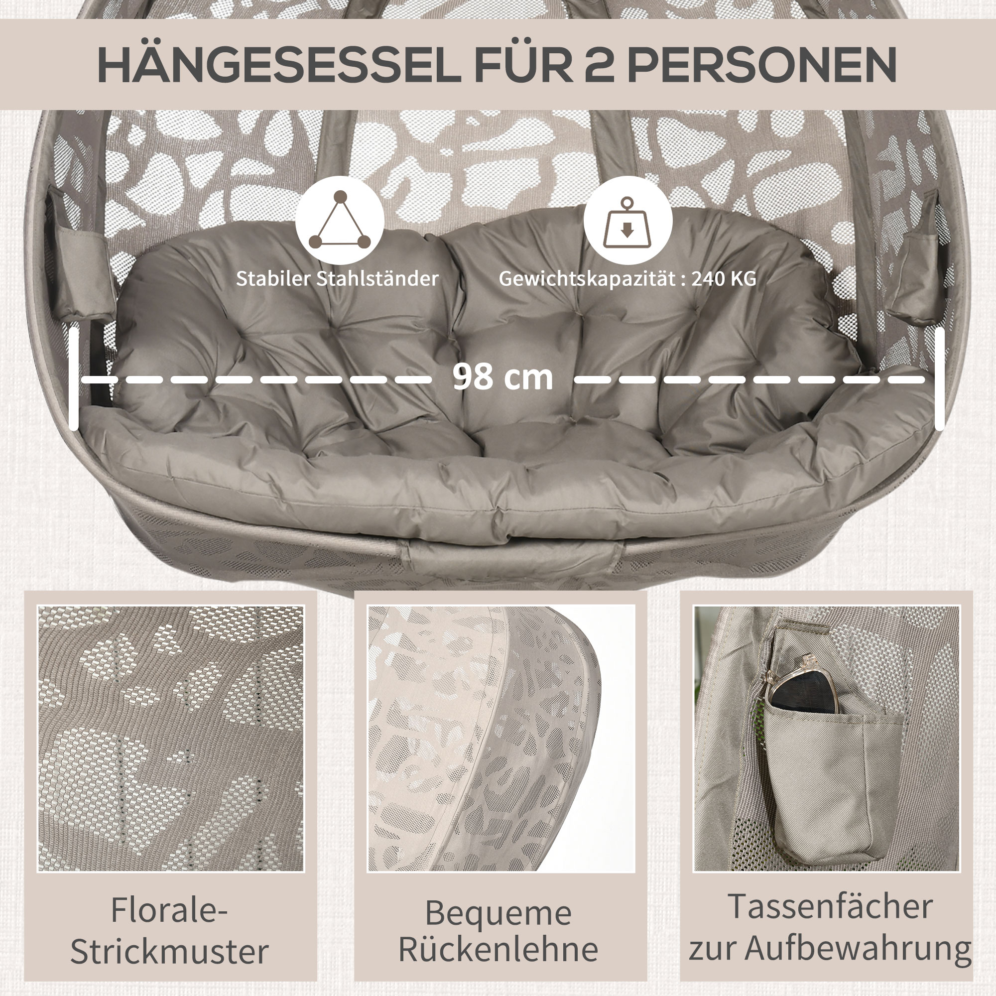 Outsunny hangstoel, 2 zits hangstoel met kussen, opklapbare zitmand, staal