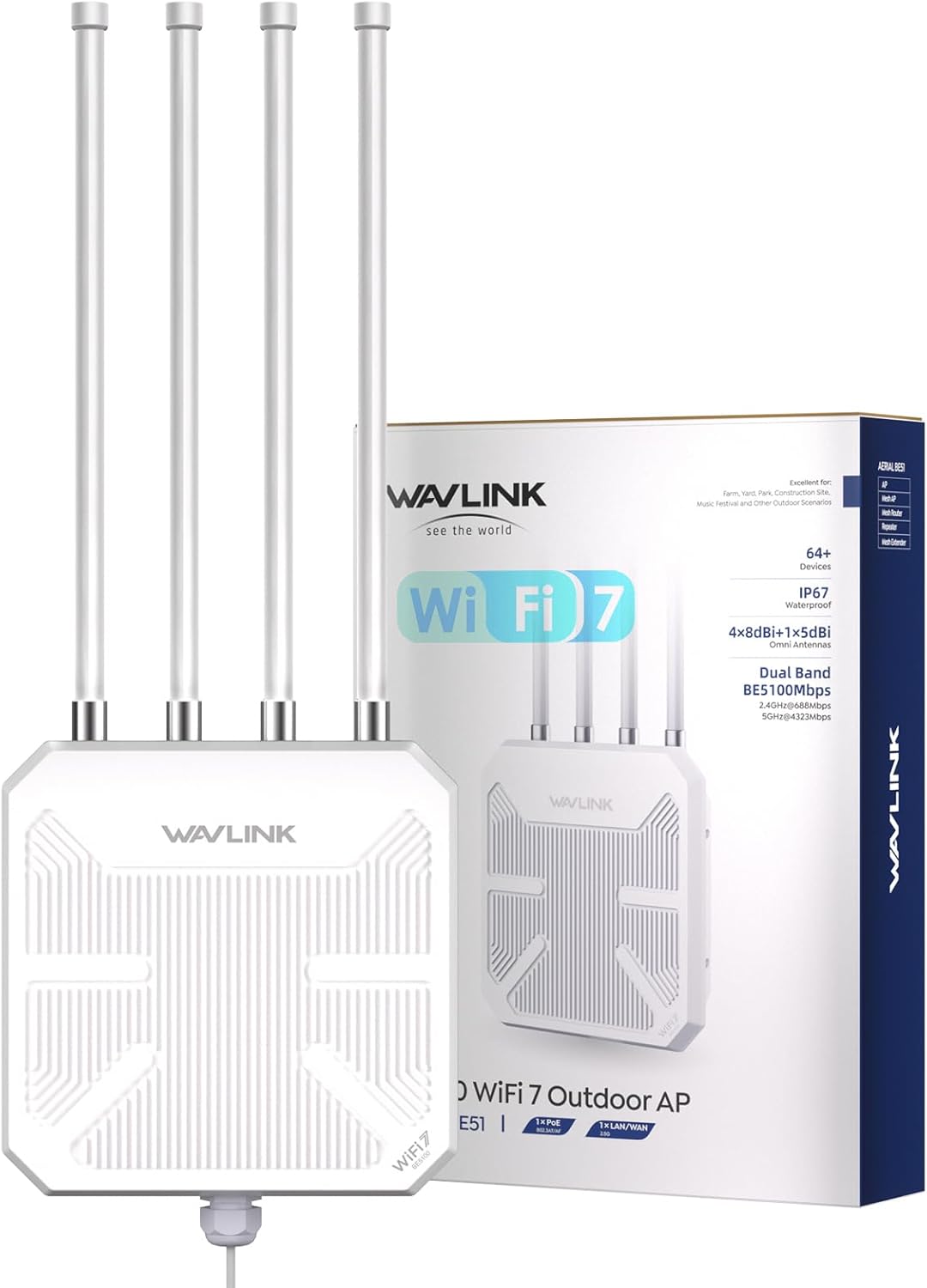 Router WiFi 7 WAVLINK Esterno BE5100 Mesh, Ripetitore, Punto di Accesso, IP67 Impermeabile, ESD 15KV, Protezione Fulmini 4KV, PoE Attivo/Passivo, Antenne 8dBi, Lunga Portata per Aree Rurali e Imprese