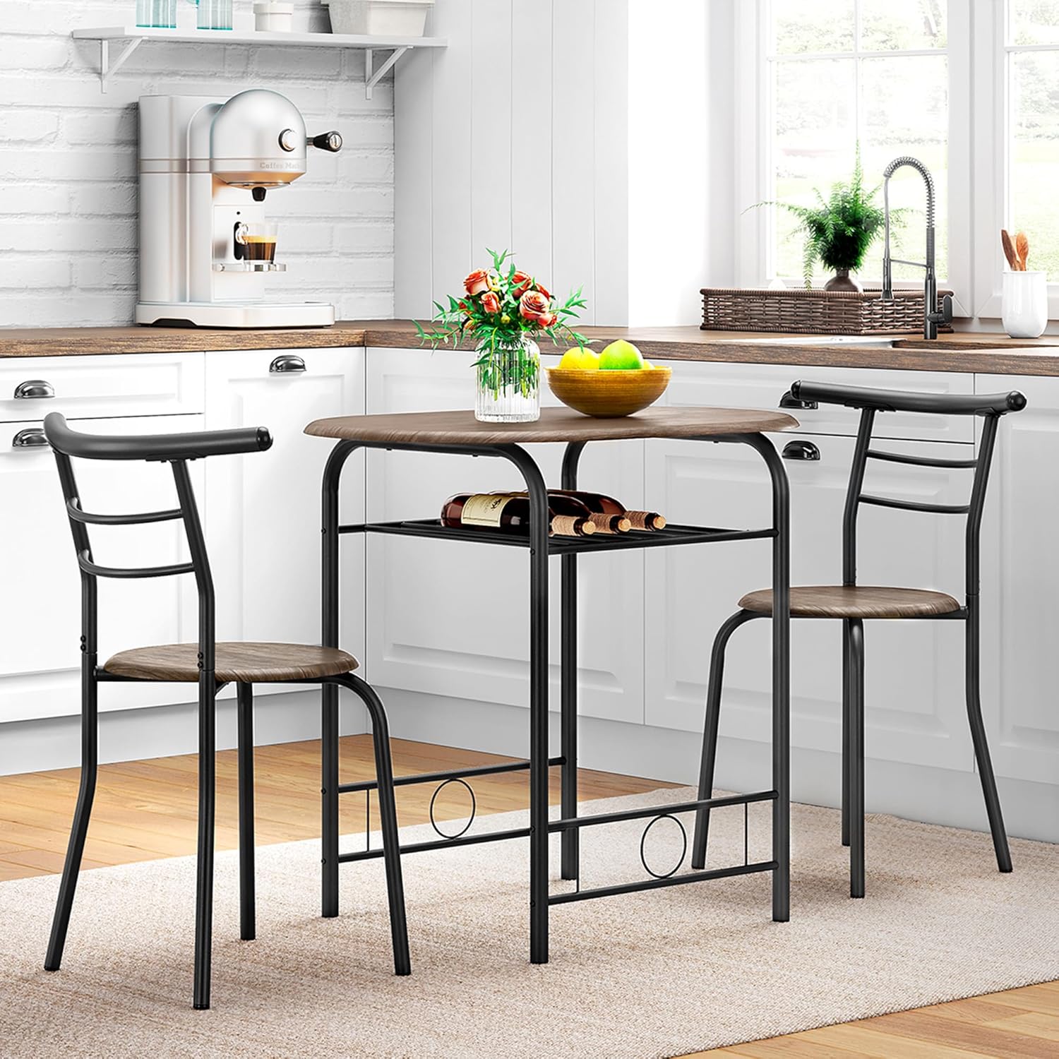 Yaheetech Set Mobili da Bar Tavolo e 2 Sedie Sala da Pranzo Cucina Piccoli Spazi Salvaspazio Balcone per 2 Persone in Legno e Metallo Sedia Portata 136 kg Marrone Retro