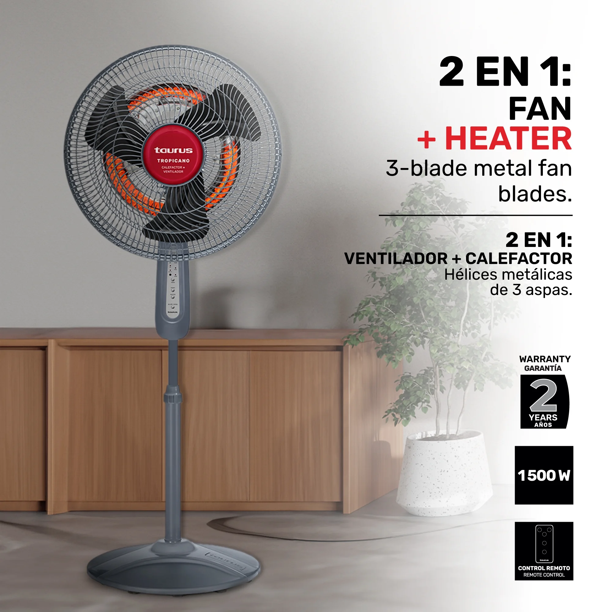 Taurus Tropicano 2-in-1 Fan & Space Heater, Quiet Oscillating Floor Fan with EcoJet Cooling and Heating for Year-Round Comfort
