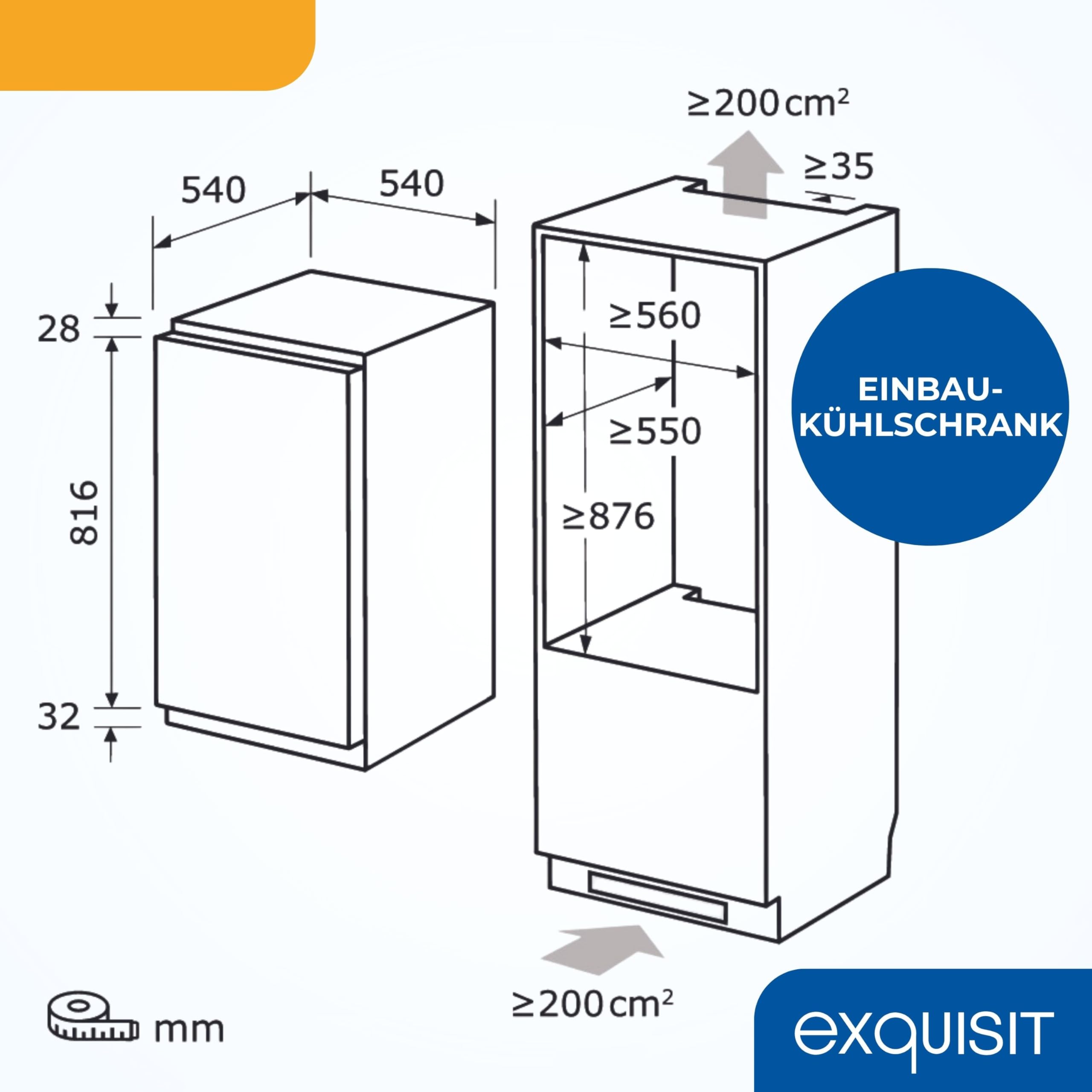 Einbau-Kühlschrank 129 Liter, 88 cm Nische, Vollraum, weiß, 39 dB, Türanschlag wechselbar