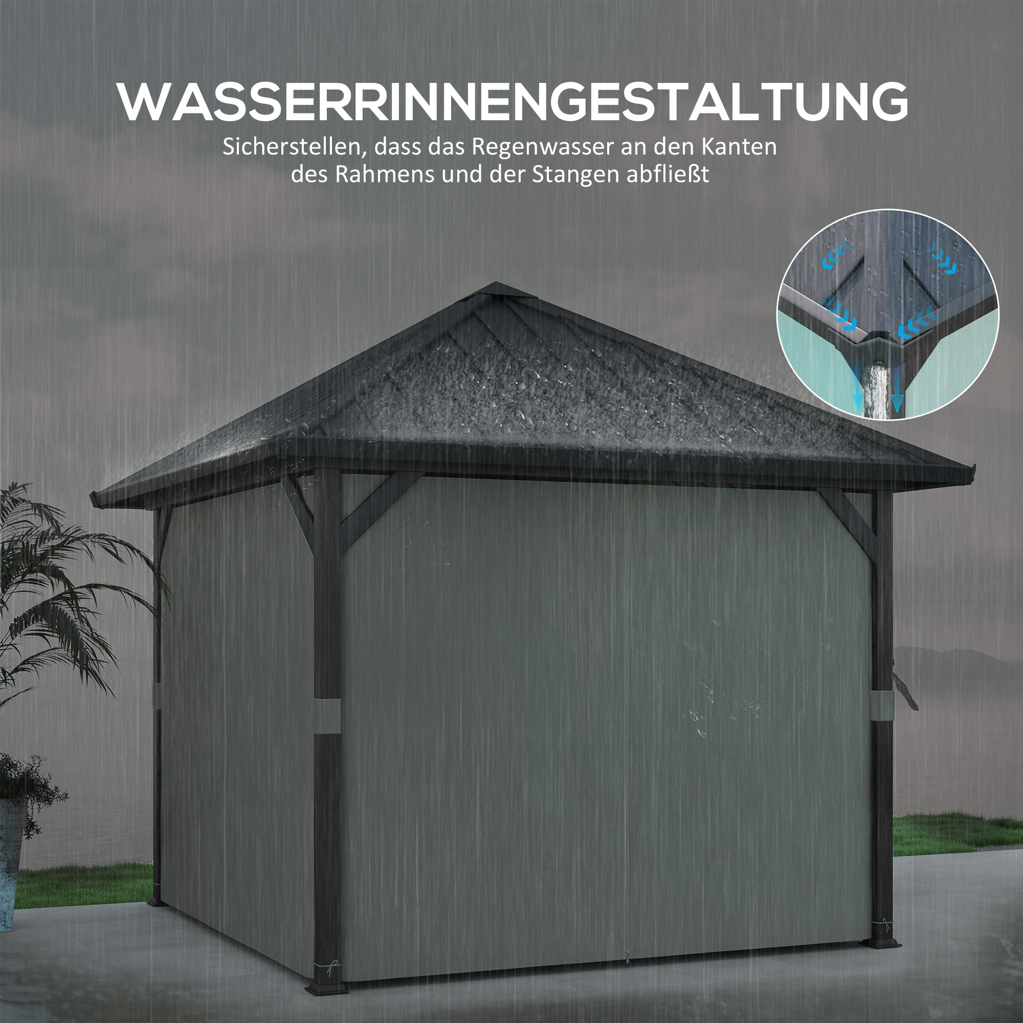 Outsunny 3 x 3m Harddak Paviljoen, Tuinpaviljoen met Metalen Dak, Waterbestendig Tuinzelt met Net en Zijwanden, Donkergrijs