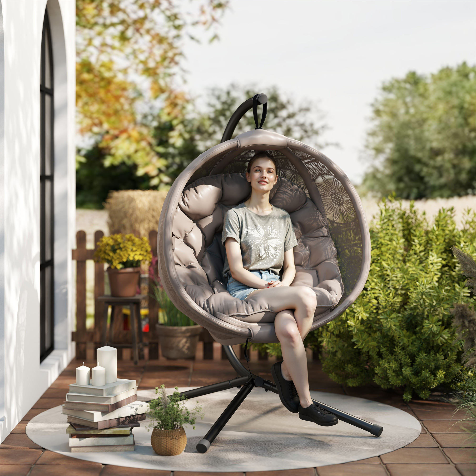 Outsunny Hängesessel Gartensessel Korbsessel, Boho-Stil, 116 x 125 x 172 cm, Sand + Schwarz
