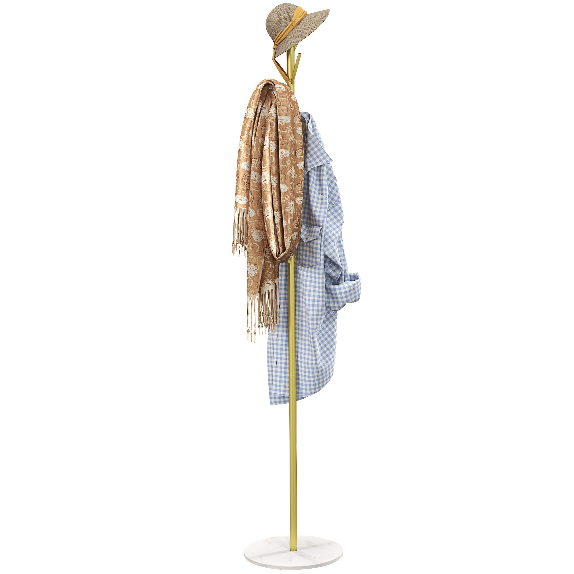 HOMCOM Garderobenständer 8 Haken, runder Marmorfuss, Ø 32 x 164H cm, Eingangsmöbel für Kleidung, Hüte, Eingang, Gold