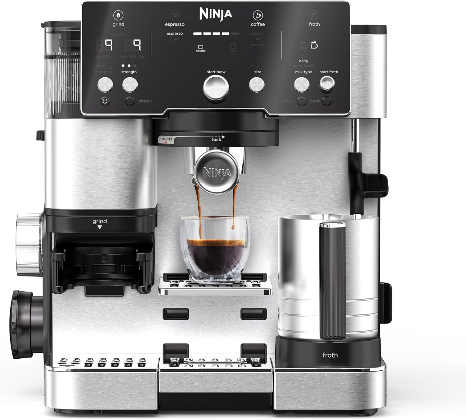 Ninja Luxe Premier Ekspres do kawy 3 w 1, latte, cappuccino, cold brew, espresso, wbudowany młynek i spieniacz do mleka, łatwy w obsłudze, 4 automatyczne ustawienia spieniania, srebrny, ES601EU