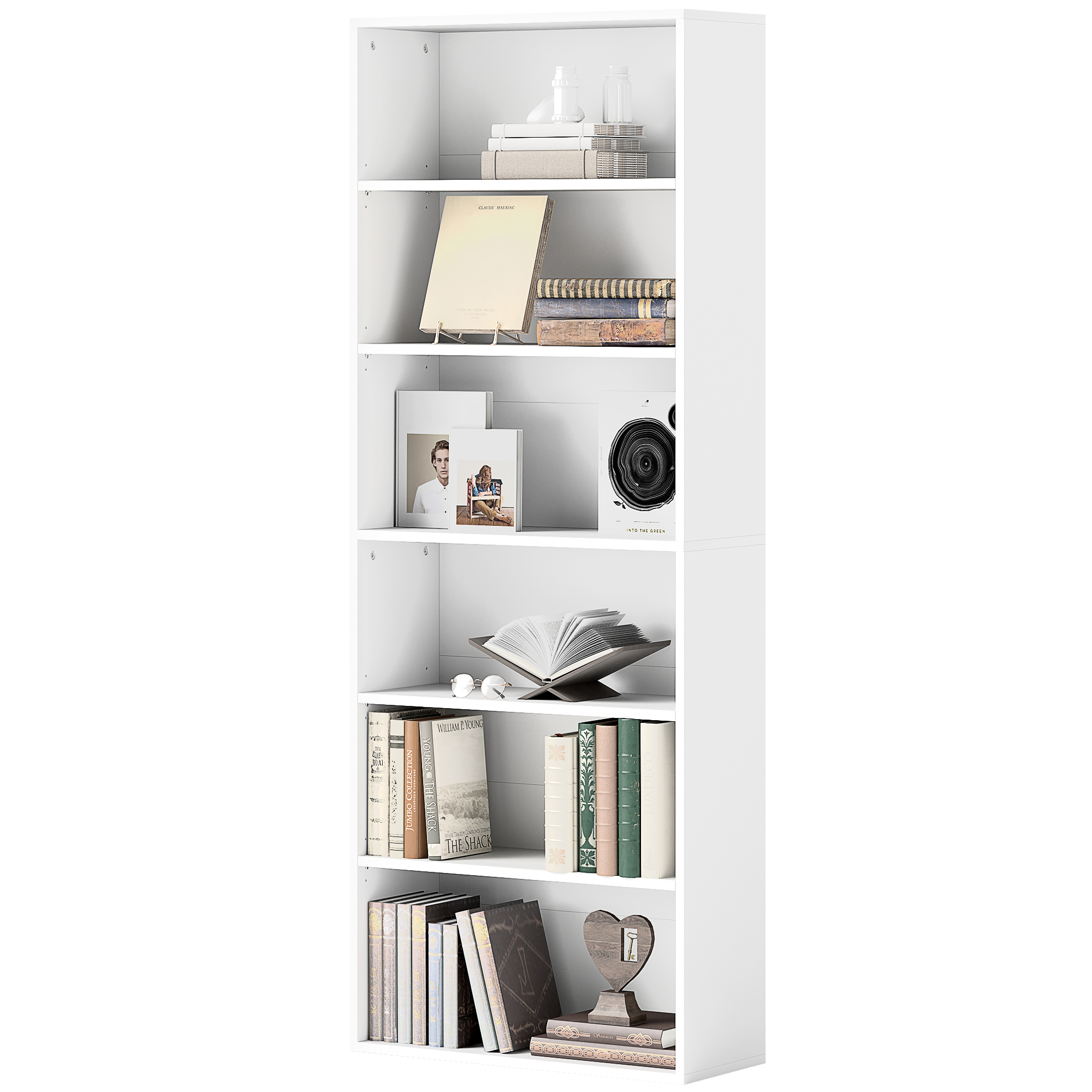 HOMCOM Bücherregal, 6 Fächer, verstellbare Regale, Spanplatte, 60 x 24 x 158,5 cm, Weiß