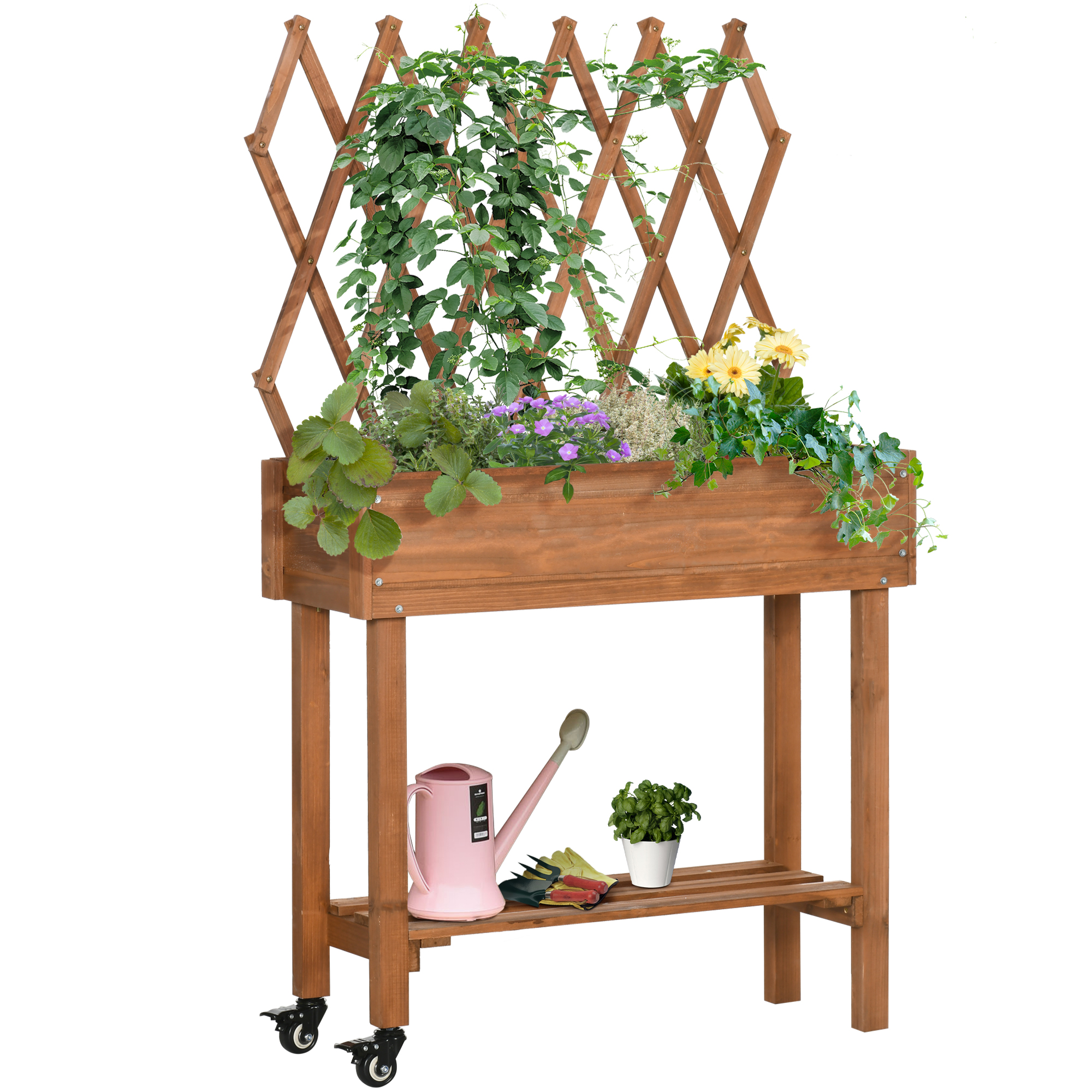 Outsunny Hochbeet, integriertes Spalier, Ablageregal, Räder, Massivholz, braun, 79 x 29 x 130 cm