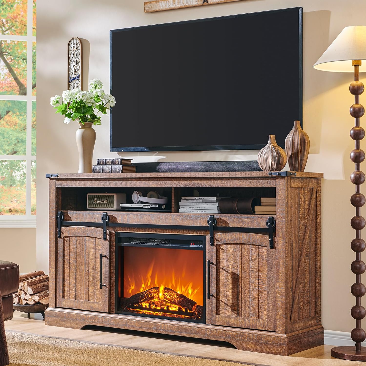 OKD Farmhouse Fireplace TV Stand for 70 Inch TV, 34