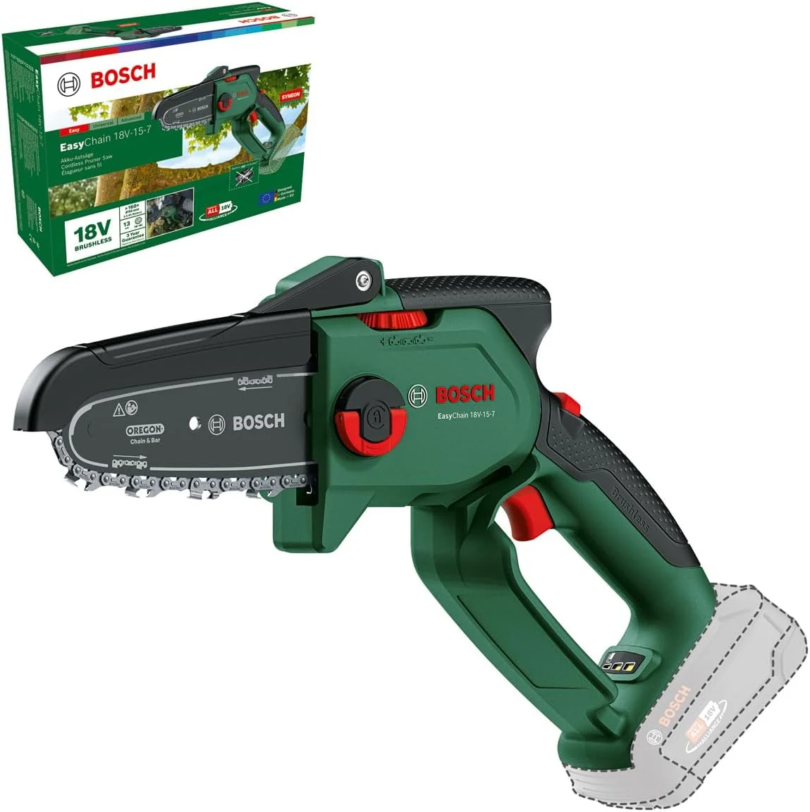 Bosch kompakte Mini Kettensäge EasyChain 18V-15-7 (Zum Schneiden von Holz; 18 Volt System; Kettengeschwindigkeit: 6,95 m/s; ohne Akku)