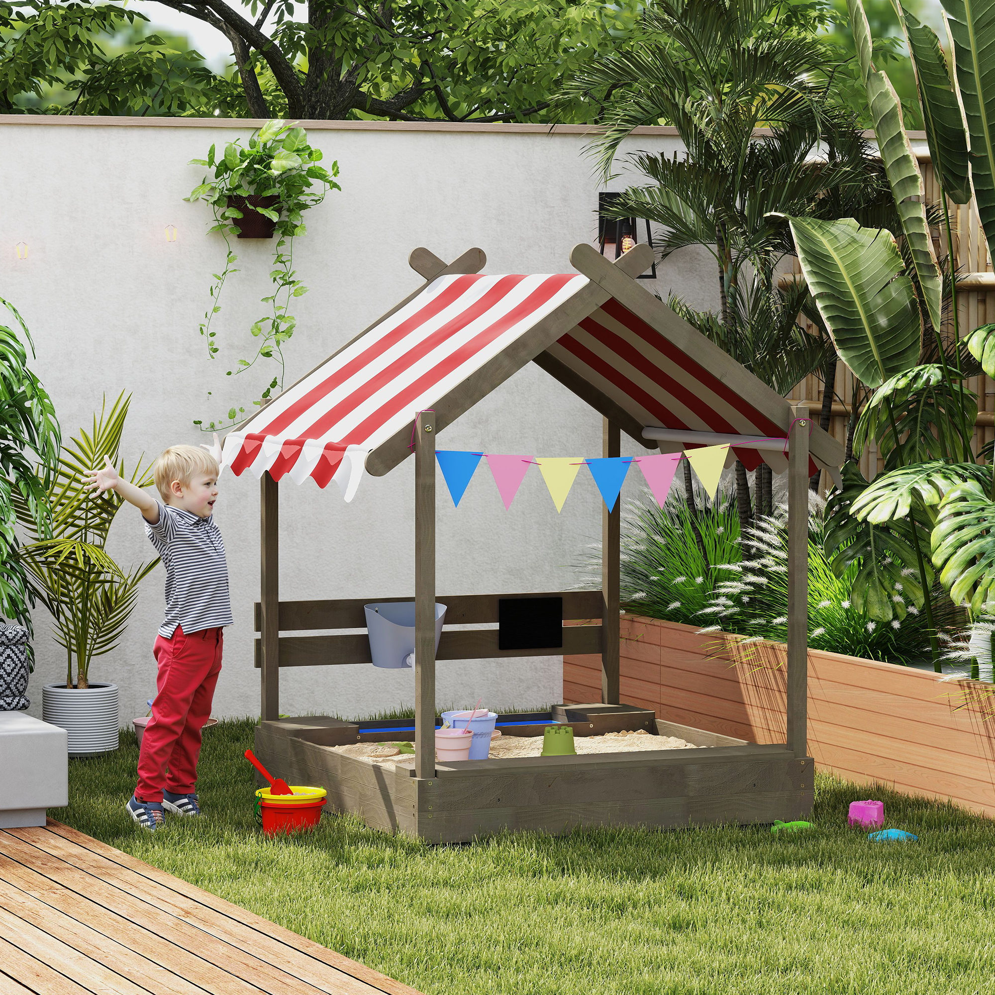 Outsunny Sandkasten mit Sonnenschutz, Spielhaus-Design, mit Spielzeug-Set, behandeltes Massivholz, 124 x 116 x 146 cm, Grau