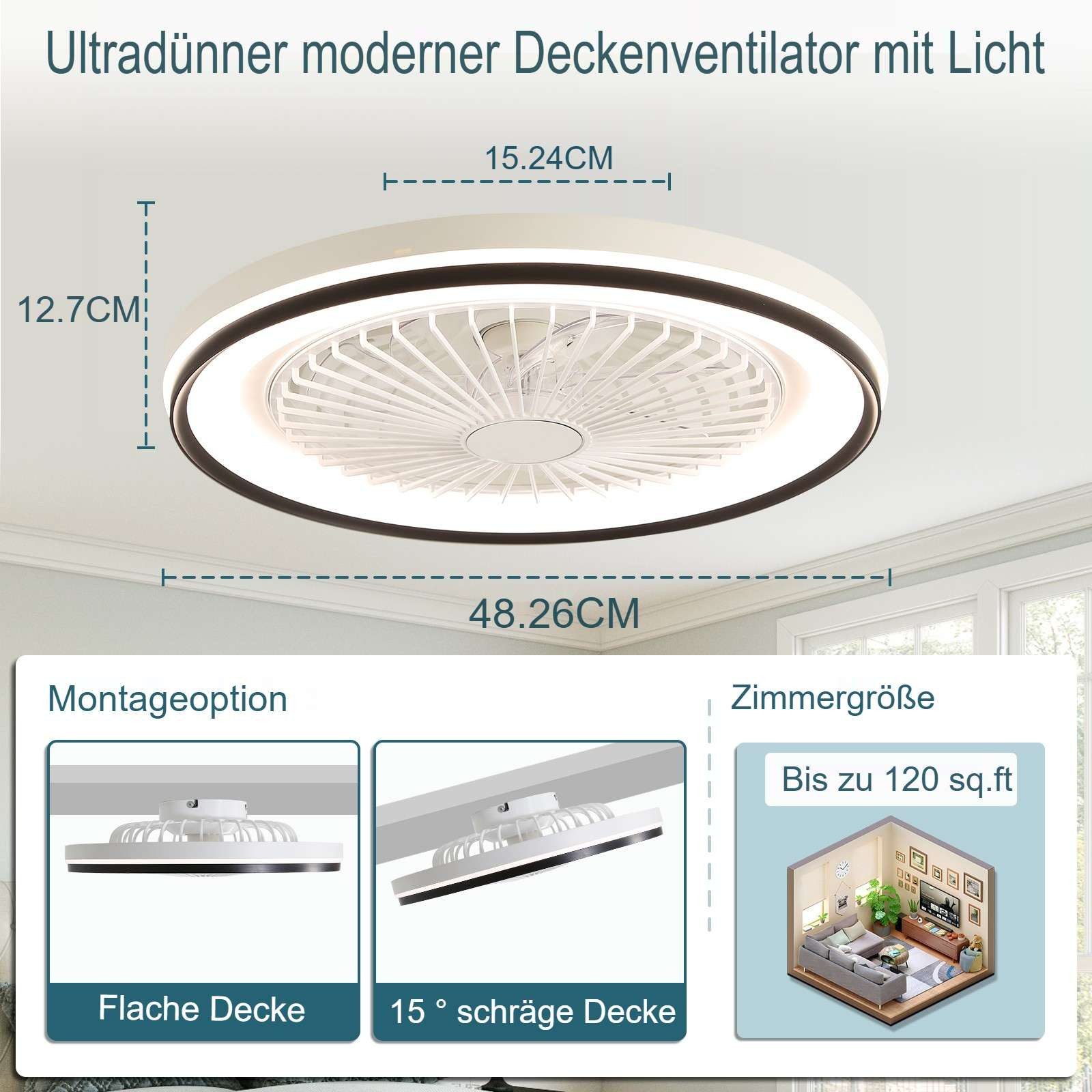 Deckenventilator mit RGB Licht, DC, 48,26 cm, 7 ABS-Flügel