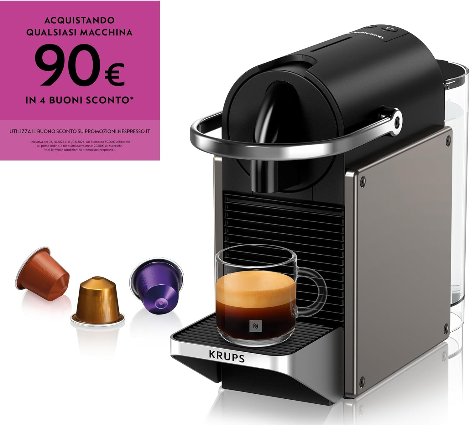 Krups XN306TK Nespresso Pixie Titan, Macchina per caffè Espresso, Ricette Programmabili, 2 Lunghezze, Spegnimento Automatico, 1260 W, 0.7 Litri