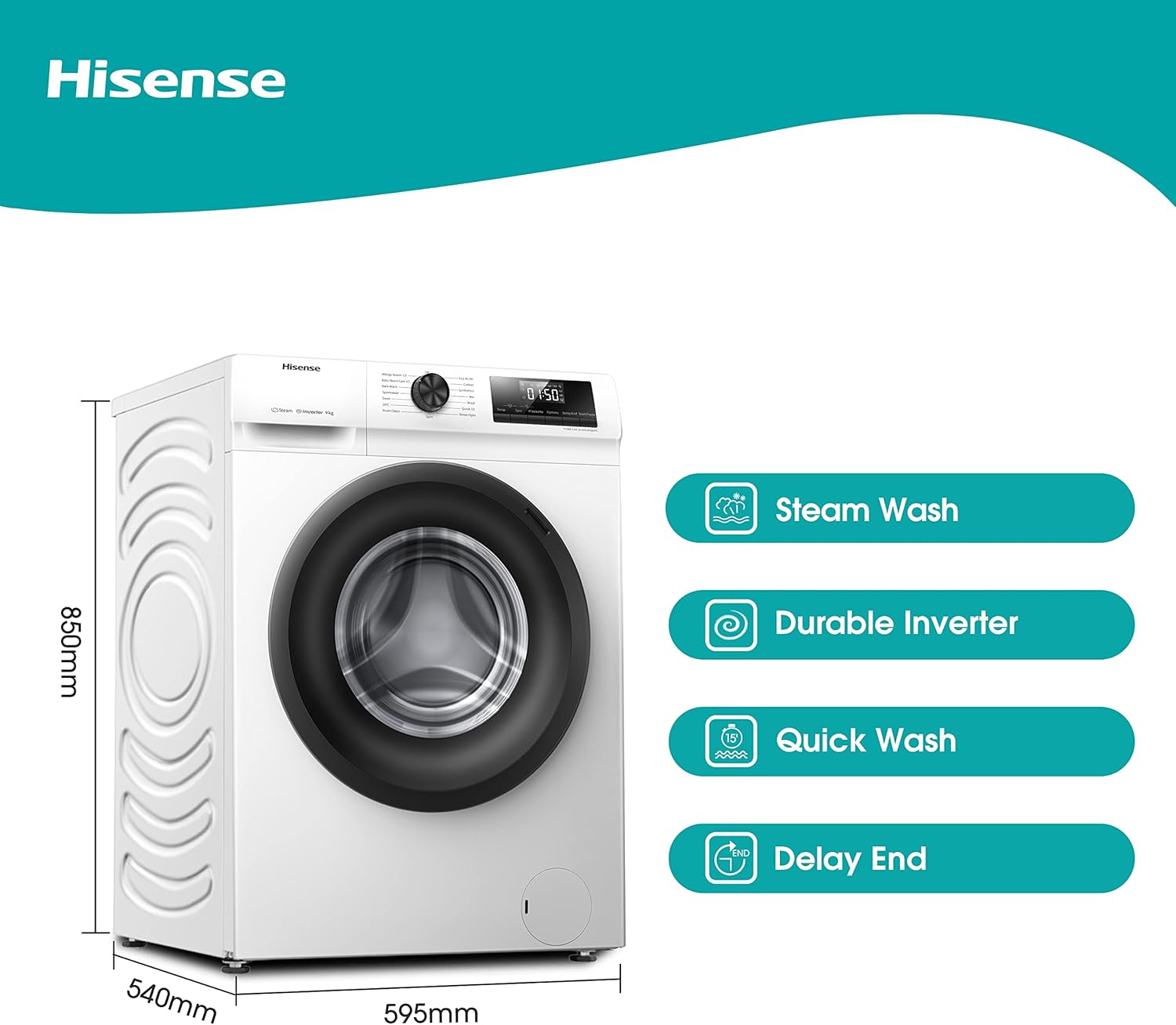 Hisense WFVB7012EM Front Load Washing Machine 7 kg 1200 rpm 15 Programs Steam LED Display Rapid Program Delay Start Child Lock