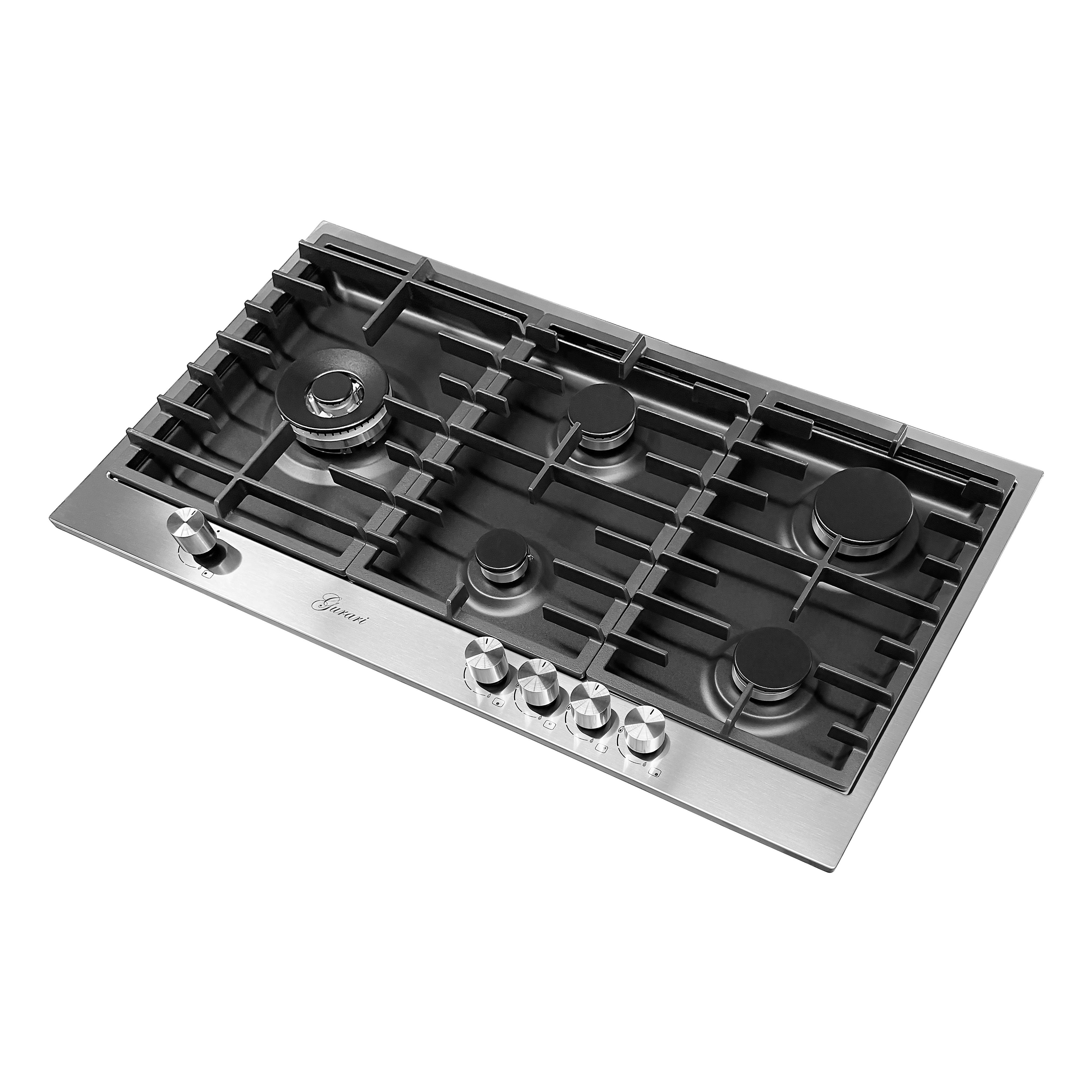 Gas-Kochfeld TY905VPGC 90 cm, Edelstahl- Schwarz Emaliert, 4,0 kW WOK, 5 Gasbrenner,Erdgas, FL.Gas