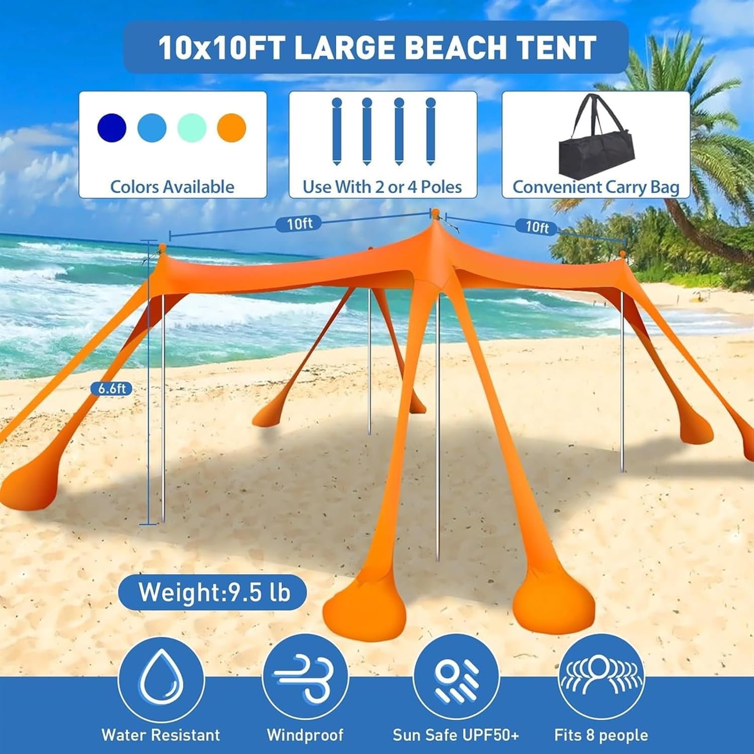 Strand Canopy Beach Zelt Pop Up Schatten 10x10ft Sonnenschutz UPF50+ mit 8 Sandbags-2 Sand Schaufel-4Poles-Ground Pegs-Portable Tragetasche für Outdoor Family Camping