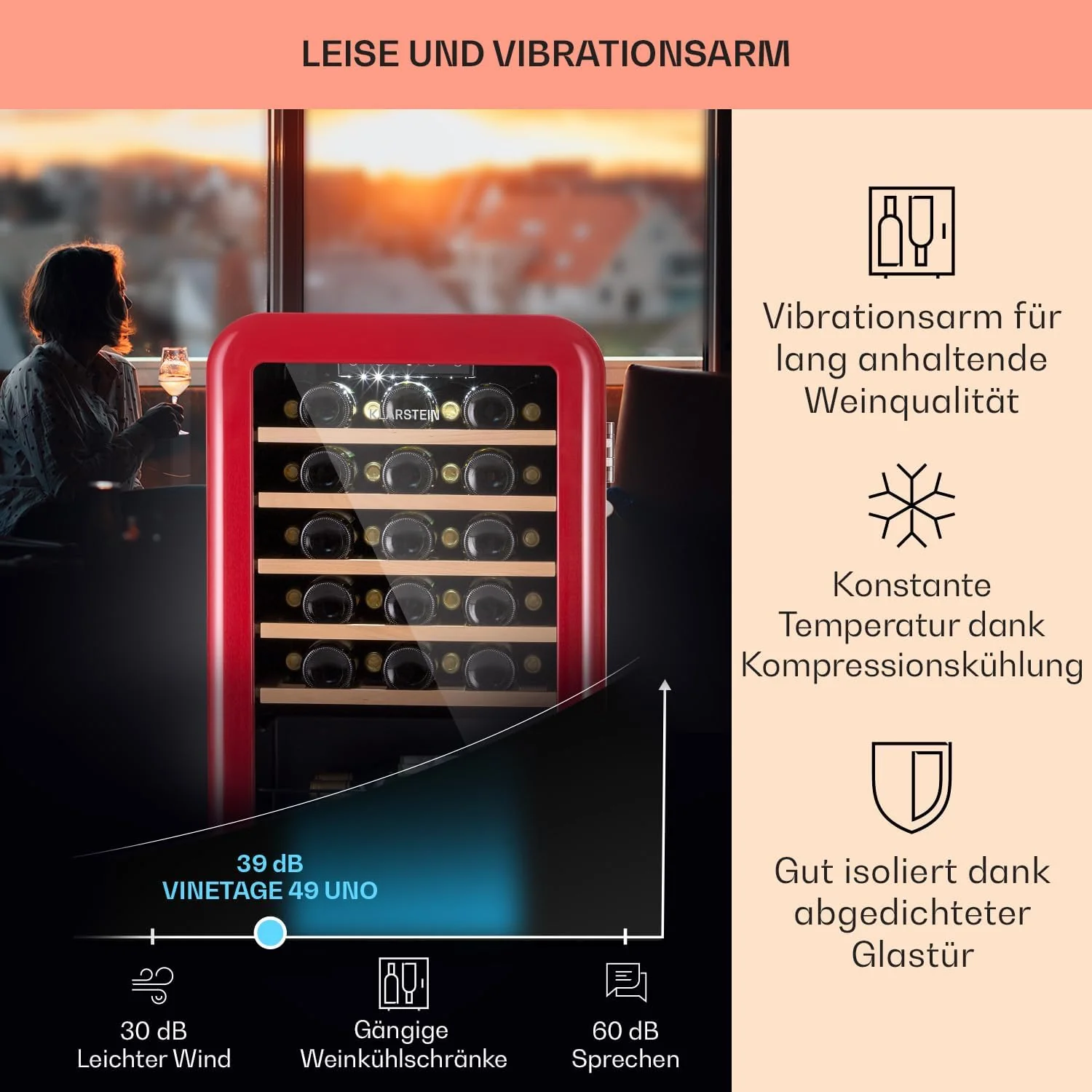 Klarstein Weink��hlschrank, Getr?nkek��hlschrank Schmal, K��hlschrank mit Glast��r, Getr?nkek��hlschr?nke Freistehend, Weink��hlschrank Klein, Weink��hlschr?nke 1 Zone, UV-Schutz, 4-22 ��C, 19 Flaschen