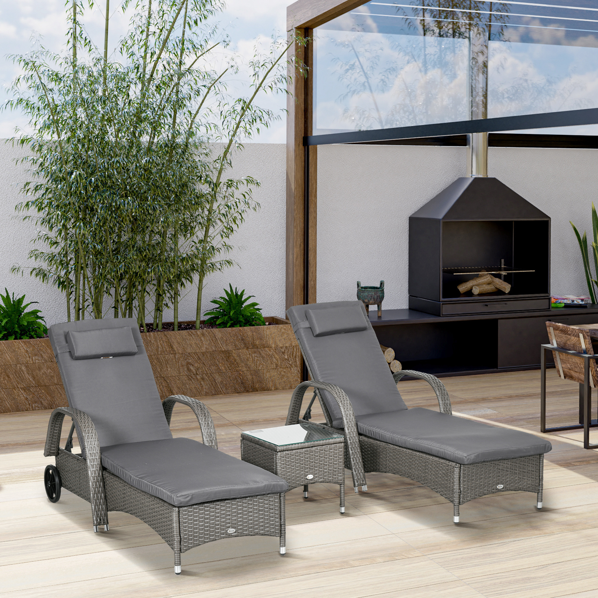 Outsunny Sonnenliege Gartenliege Tisch 3er-Set Gartenmöbel, Polyrattan+Metall Grau+Dunkelgrau