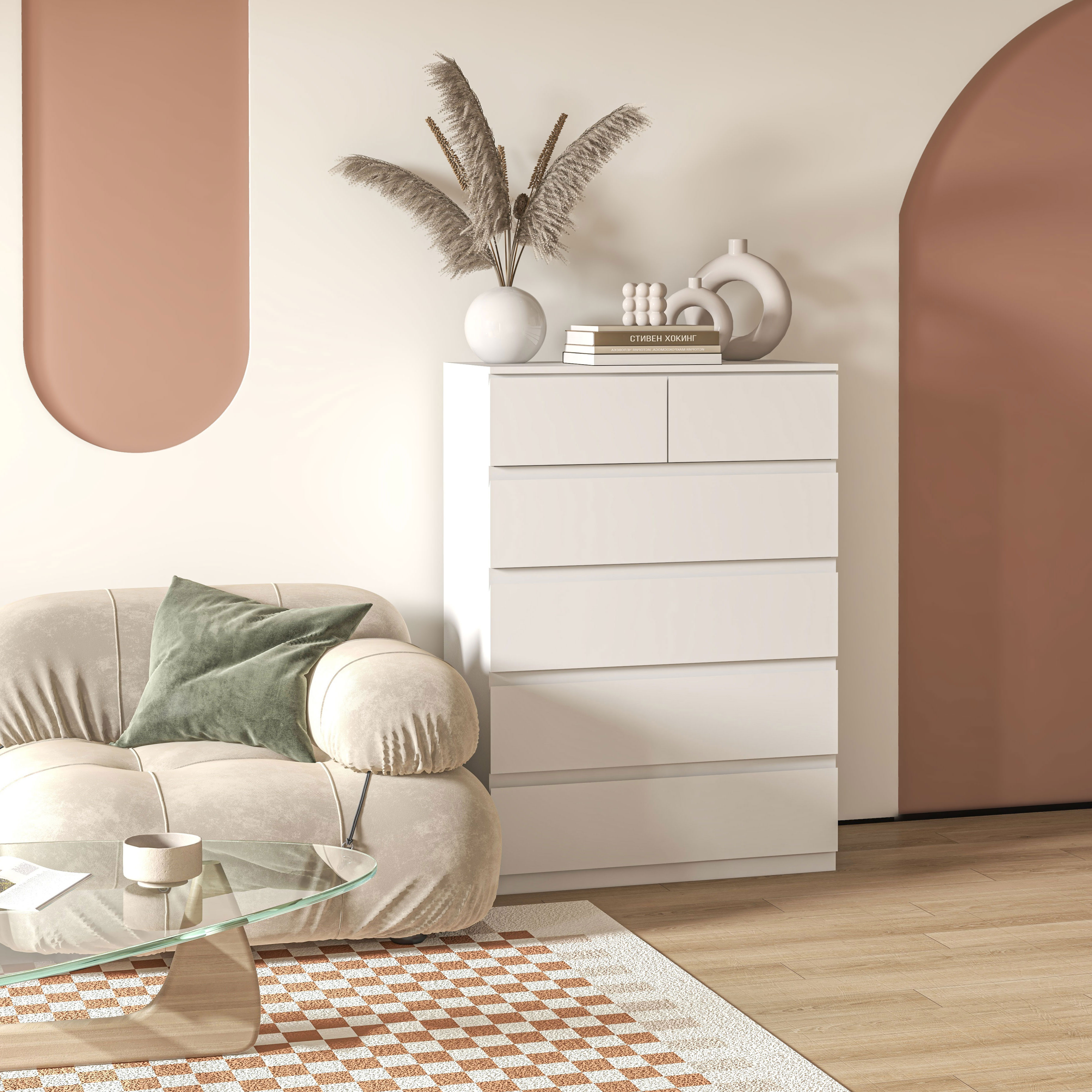 HOMCOM Kommode 6 Schubladen Aufbewahrungsschrank ohne Griffe im minimalistischen Design 80 x 39 x 115 cm Weiß