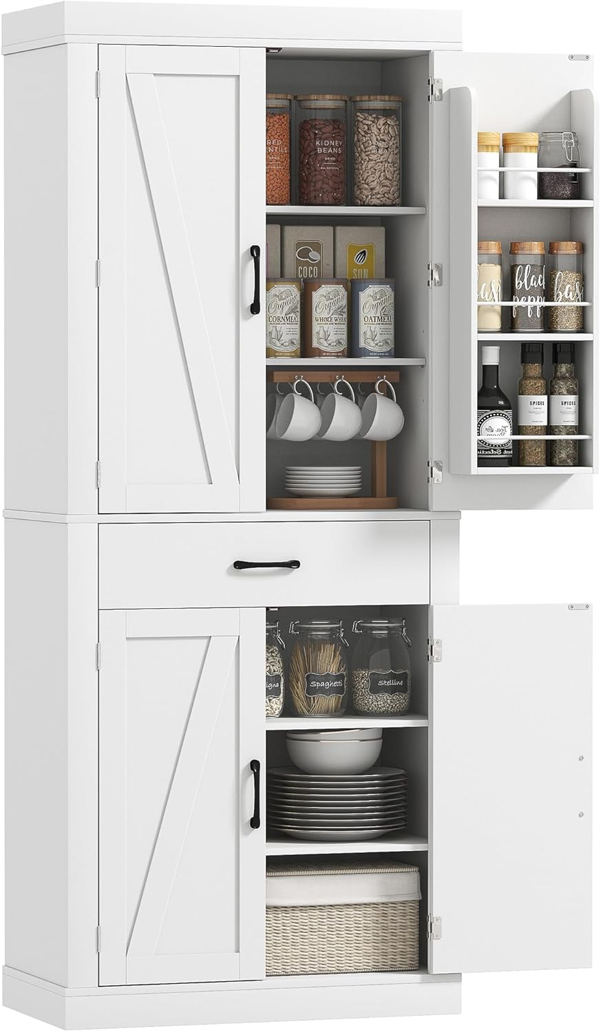 HOMCOM Credenza Cucina Alta 183.5 cm, Mobile Cucina con 6 Portaspezie sulla Porta, 4 Ante a Fienile e Cassetto, Mobile Dispensa Rustico con Ripiani Regolabili, per Sala da Pranzo, Soggiorno, Bianco