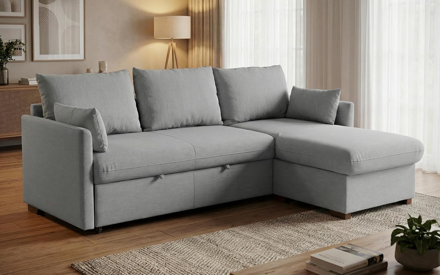 BUDWING Orlando Divano Letto Angolare 4 Posti – Chaise Longue Reversibile con Contenitore – Stile Contemporaneo, Tessuto Tecnico Antimacchia – 221x160,5x88 cm – Grigio Pietra