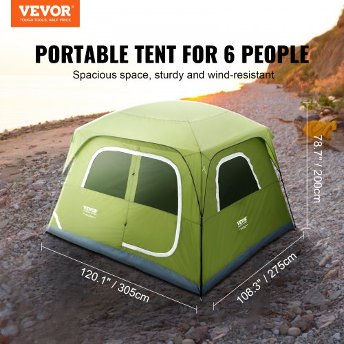 VEVOR Campingzelt 6 Personen 305x275x200cm Kuppelzelt Plane aus 190T Dacron+150D Oxford Gestell aus Q235 + Fiberglas Trekkingzelt Festivalzelt Zelt mit Tür und drei Fenstern Grün