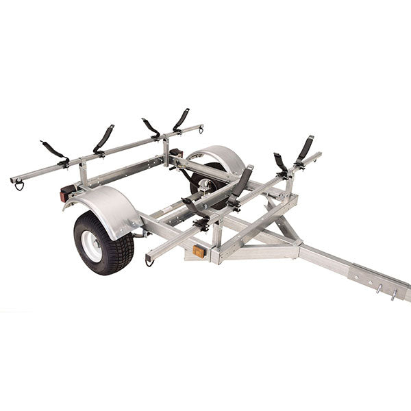 Kit rimorchio per kayak Malone LowMax 2, capacità 274 kg, acciaio zincato, luci a LED, pneumatici con velocità nominale di 112 km/h.