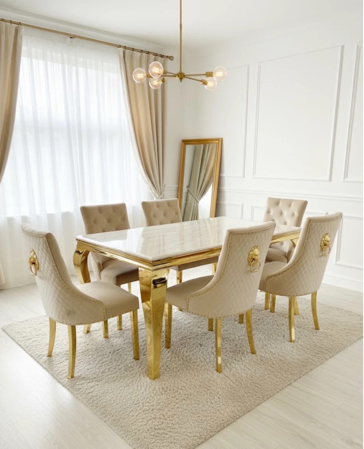Louise Cream Marble Dining Table Gold + Gold Majestic Dining Chairs Lion knocker