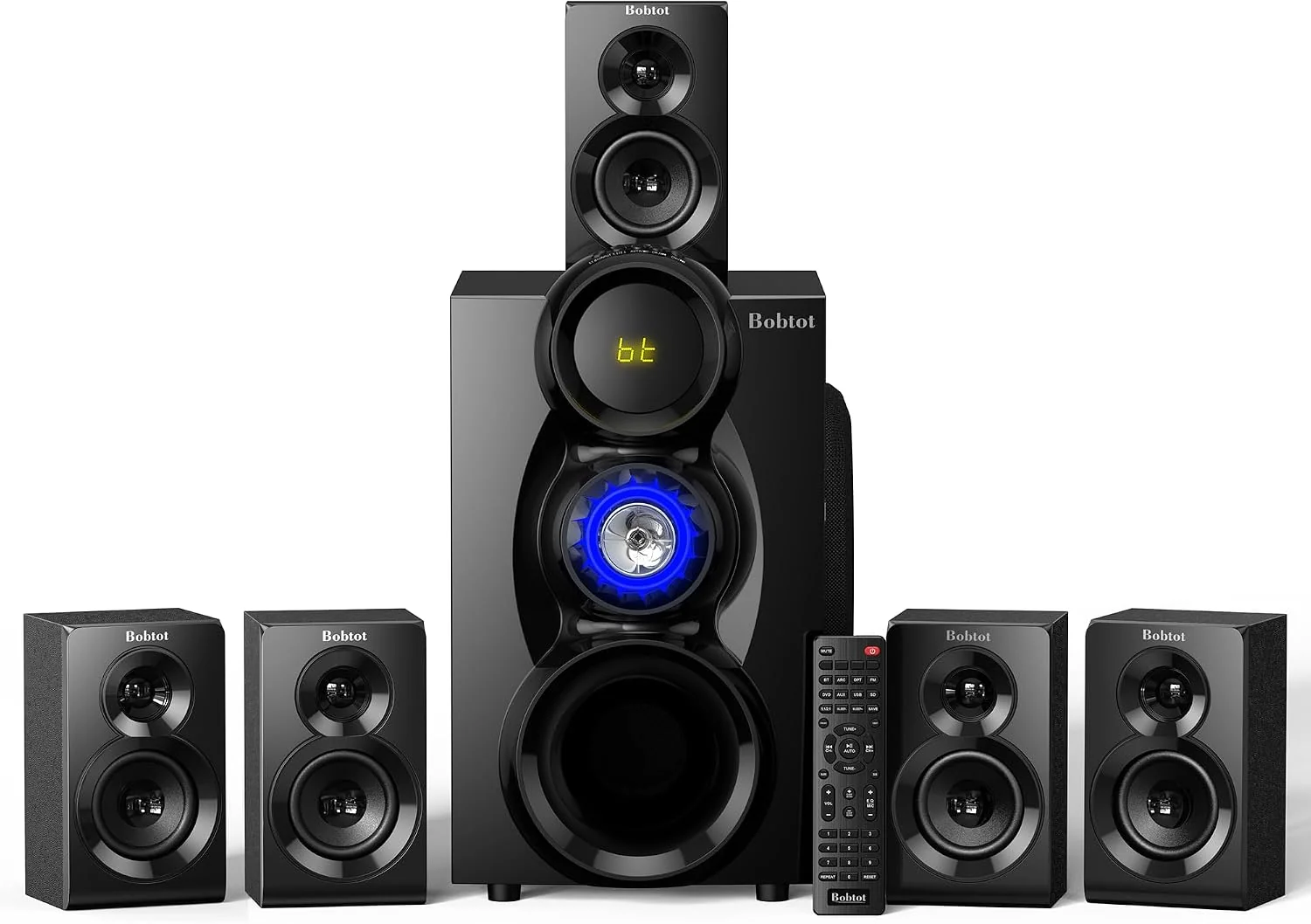 Bobtot Audiogerät, 1000 W, Schwarz/Blau, Kabelloses Surround Sound System für Heimkino, Surround-Lautsprecher, 8-Zoll-Subwoofer