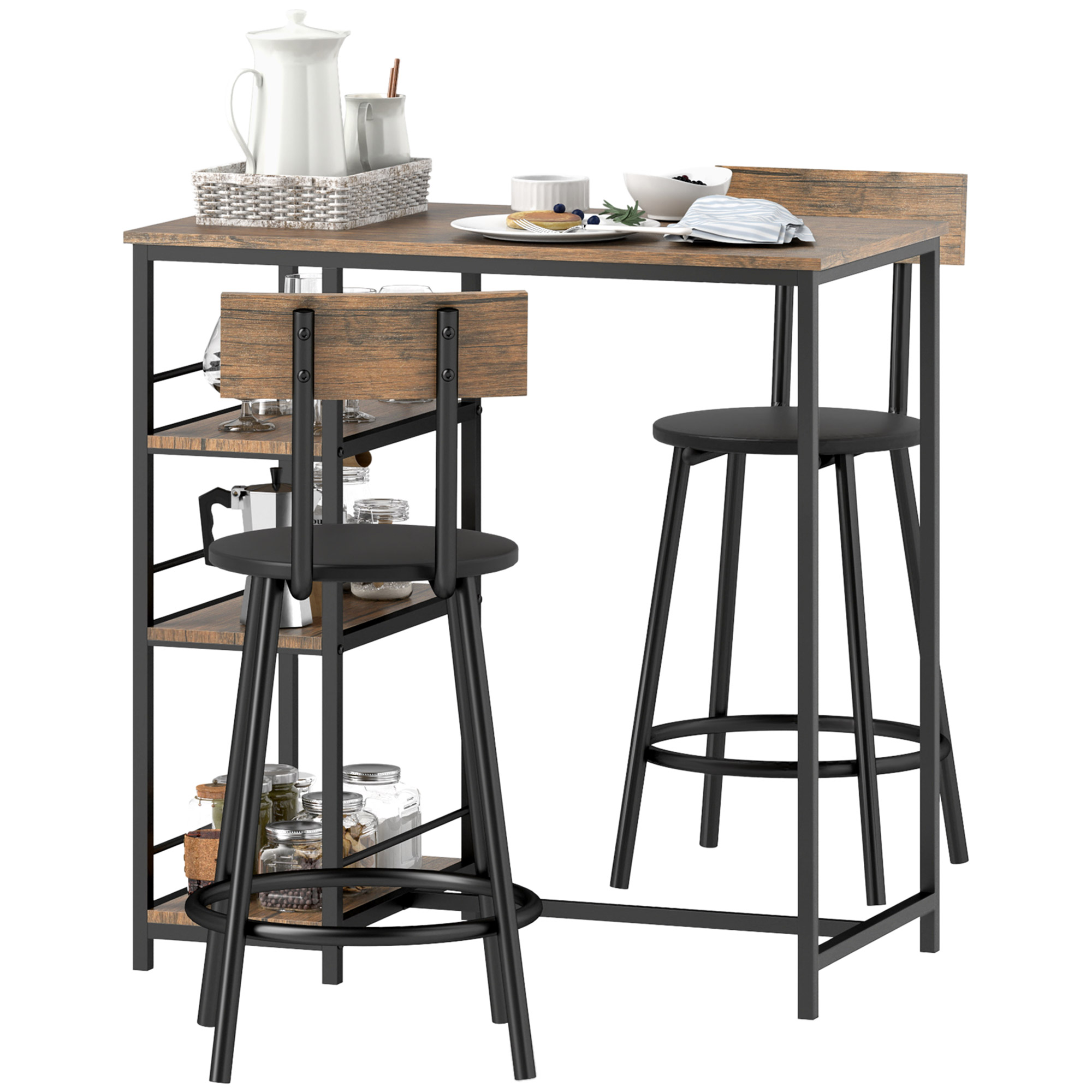 3-delige Eetset met Bartafel en 2 Stoelen, Klein Keukenset met Zijplanken, MDF, Metaal, Zwart