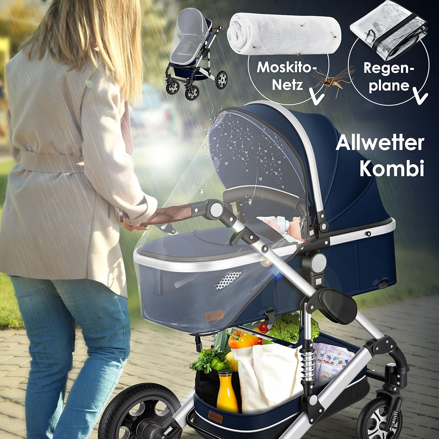 KESSER® Loops 3 in 1 Kinderwagen Kombikinderwagen Komplett-Set inkl. Babywanne & Buggy Sportsitz & Auto-Babyschale Voll-Gummireifen Wickeltasche Regenschutz Kindertisch ECE R129, Schwarz/Schwarz