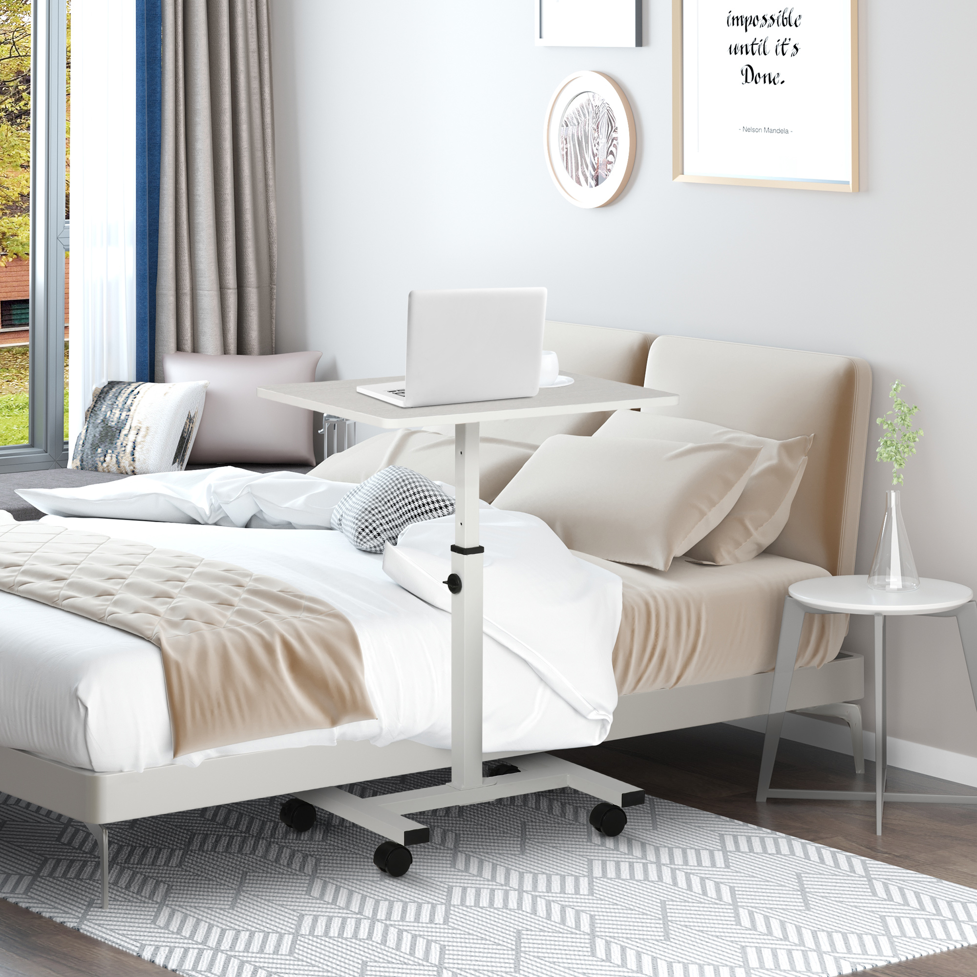 HOMCOM Beistelltisch mit höhenverstellbarer PC-Halterung und Rollen, 60x40x52,5-84 cm, Weiß