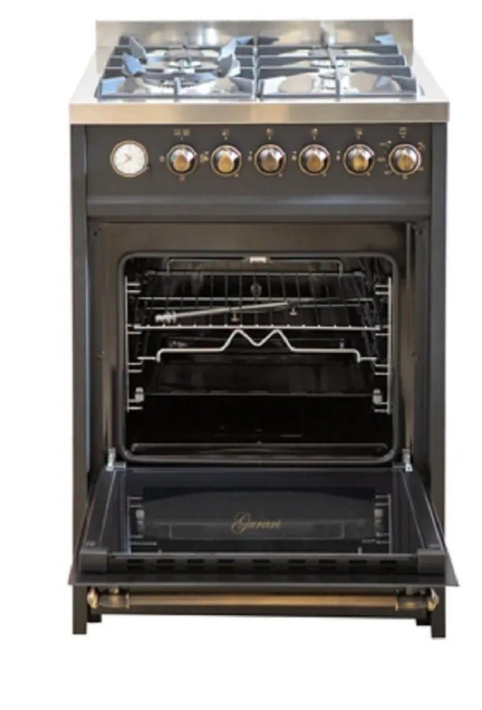 Gas-Standherd 60 cm Erdgas Fl.Gas 4 Kw WOK Gasgrill/55 L+Dunstabzugshaube 60 cm 910 m³/h 3 Stufen Abluft Umluft GCH G 614 BR+A 6315 Em ECO.
