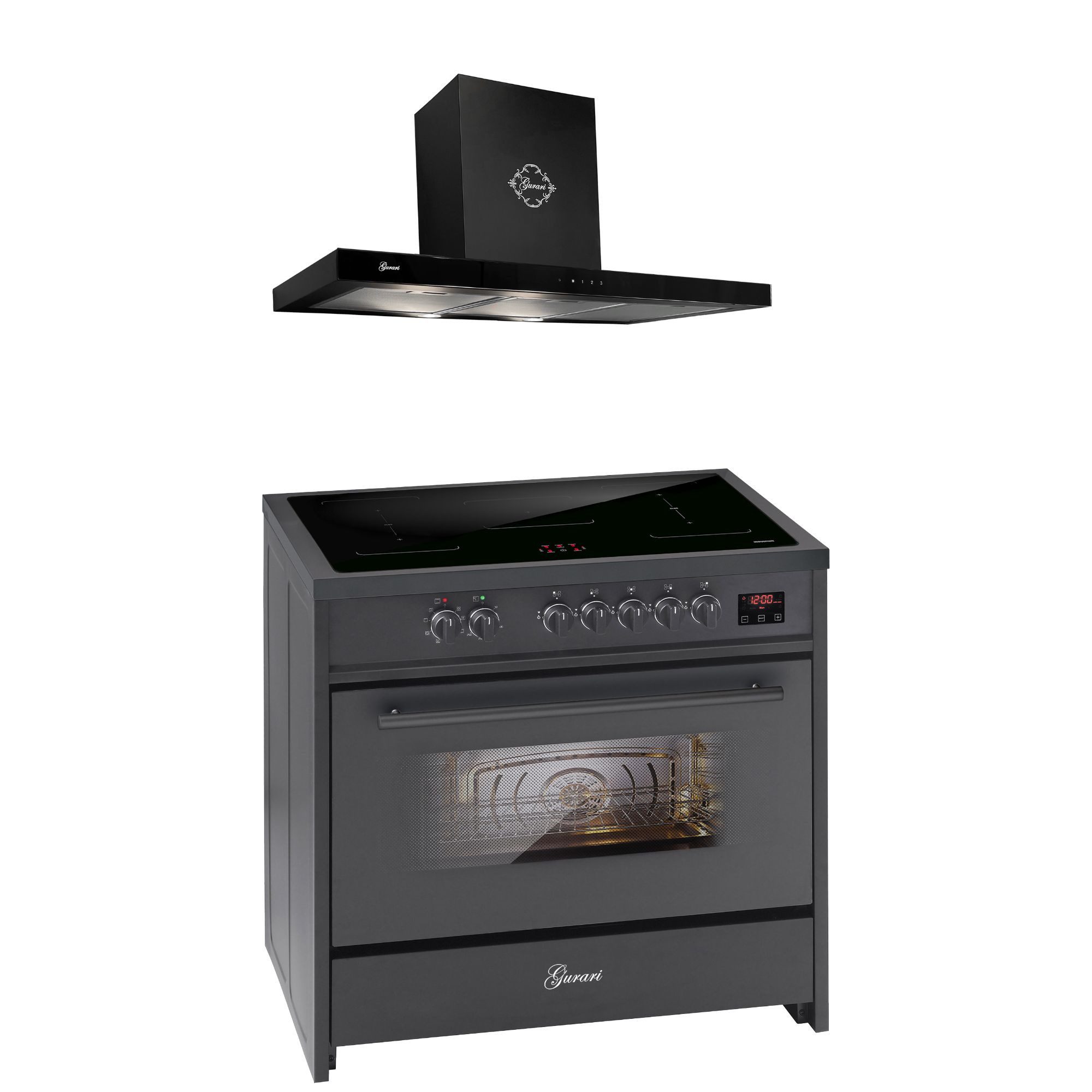Induktions-Standherd Range Cooker 90 cm, Schwarz, 5 Kochzonen, 121L+Dunstabzugshaube 90 cm E 913 BL+GCH 462 BL 9 Prime.