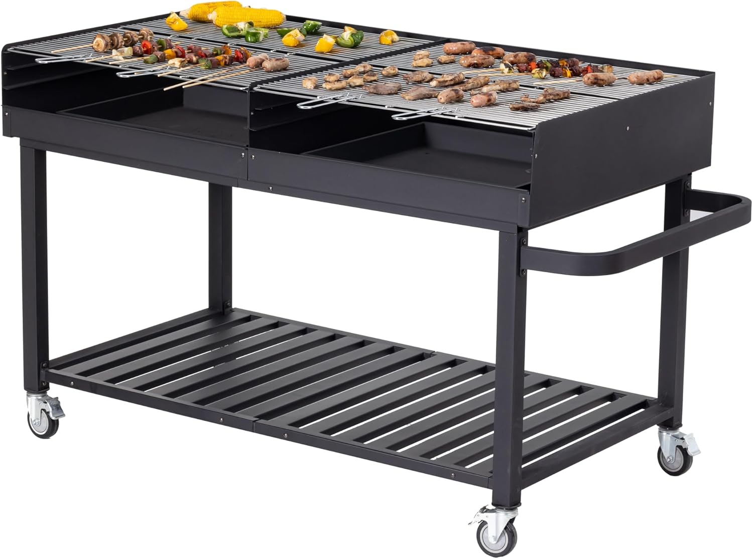 METRO Professional Barbecue a Carbonella Deluxe XL, Acciaio Inox/Acciaio, Griglia Regolabile in Altezza, Paravento, 4 Ruote, Copertura Inclusa, Nero
